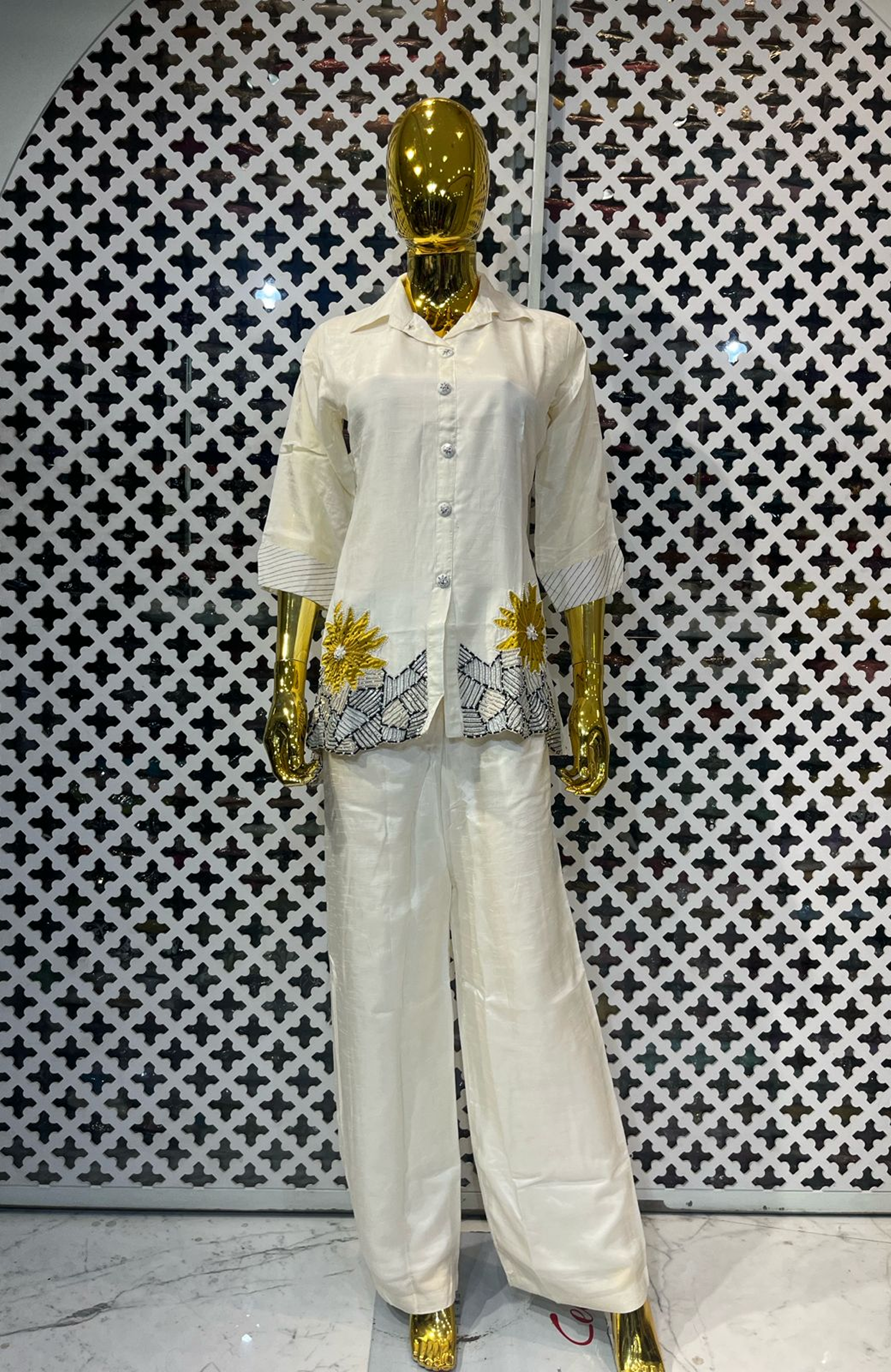 White Pure Silk Hand Work Co-Ord Set for Women | Premium Designer Cord Set
