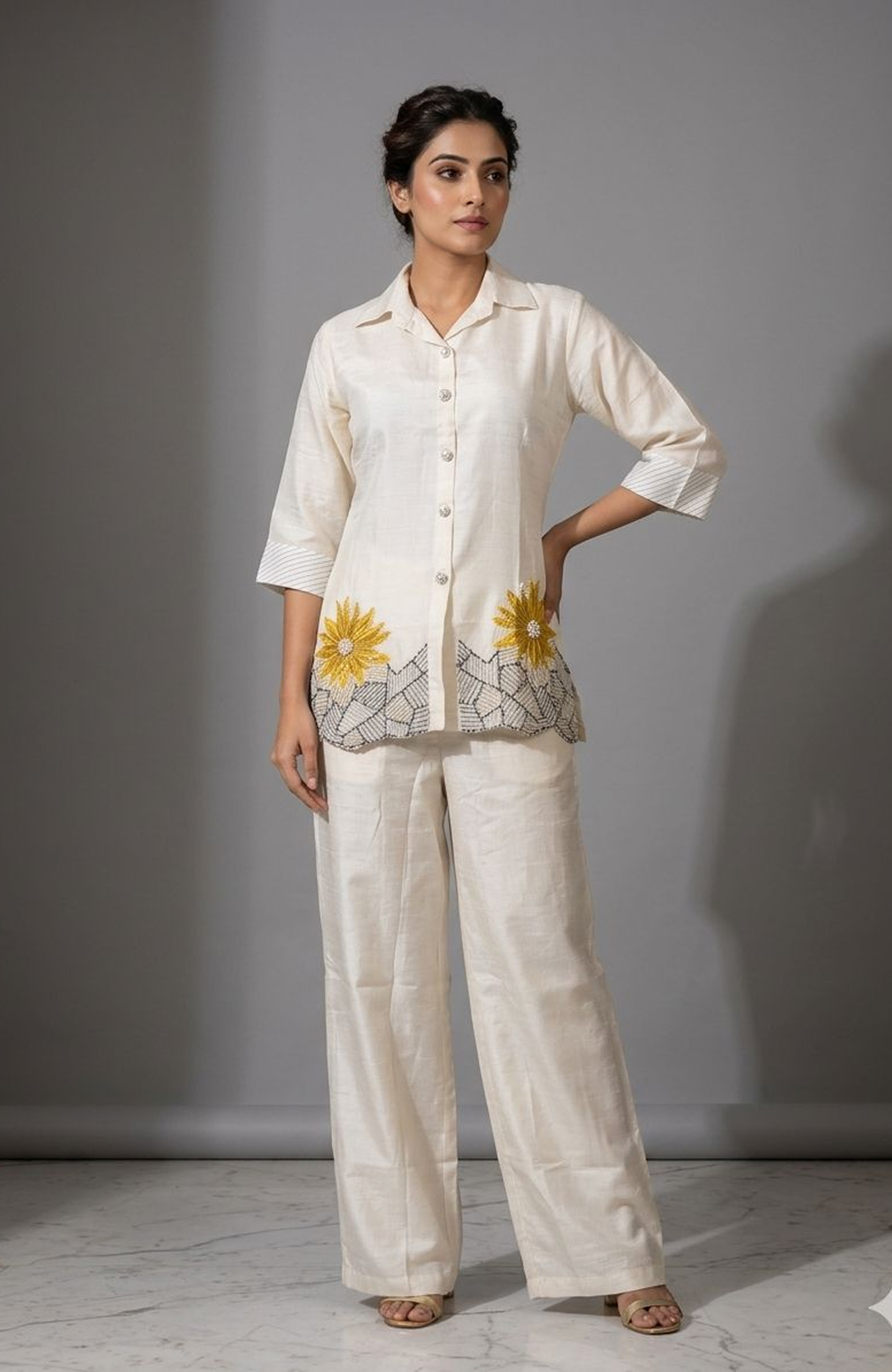 White Pure Silk Hand Work Co-Ord Set for Women | Premium Designer Cord Set