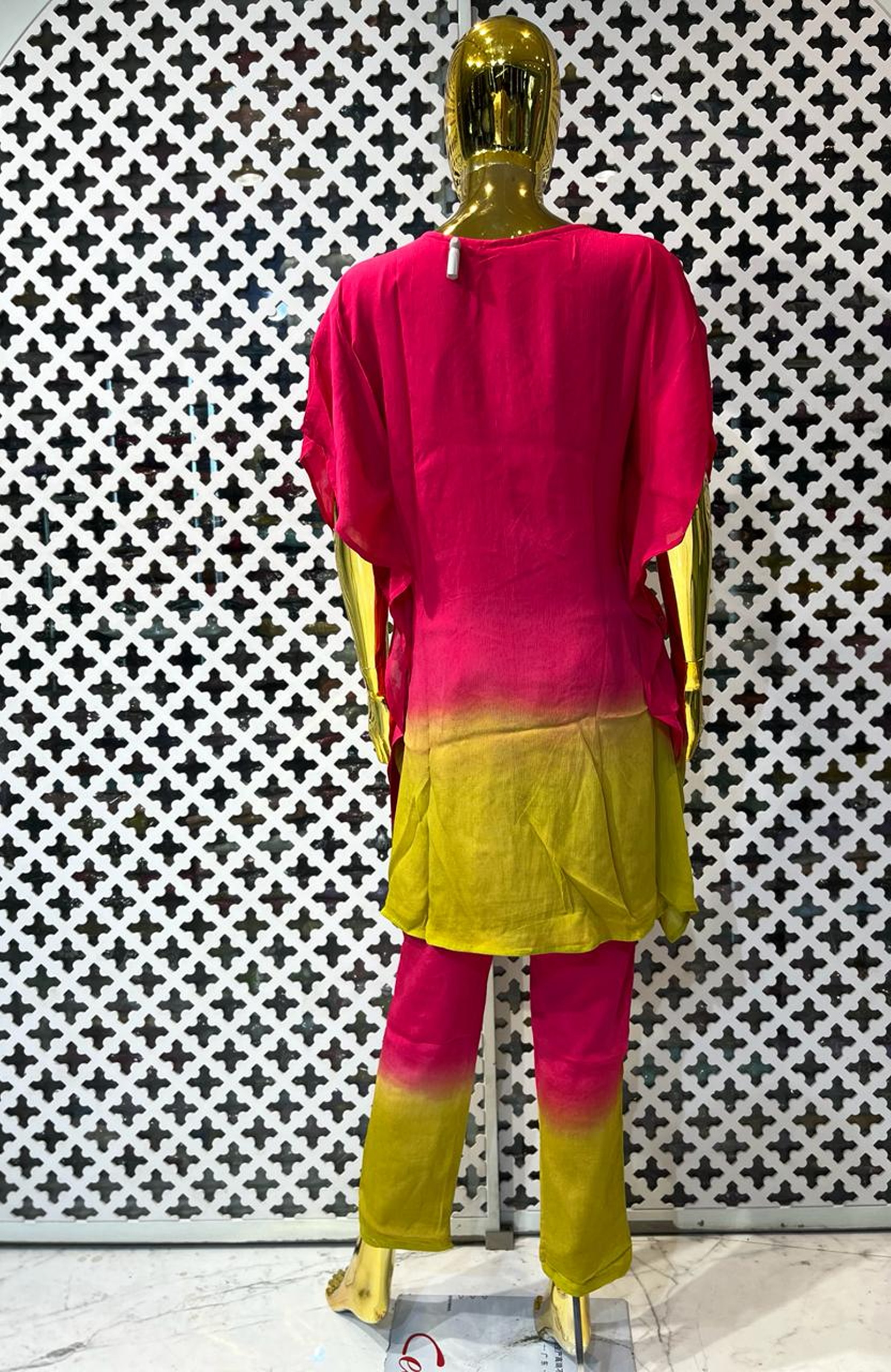Rani Pink Pure Chinon Two-Tone Hand Work Co-Ord Set for Women | Designer Festive Cord Set