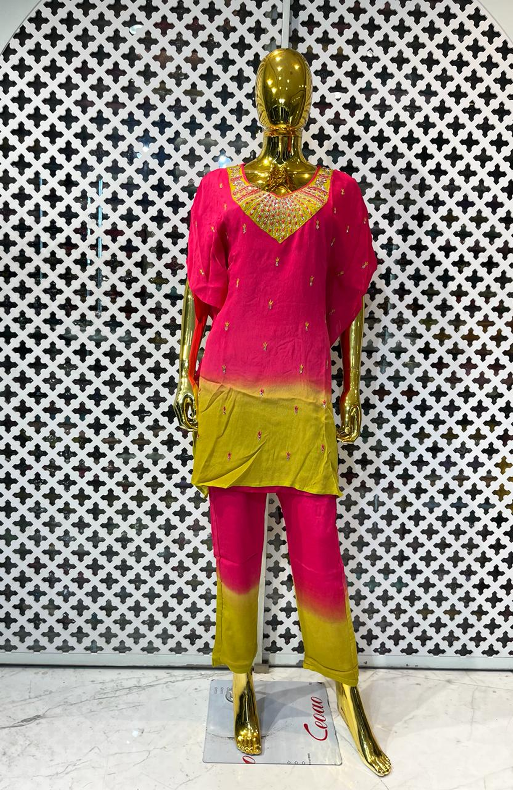 Rani Pink Pure Chinon Two-Tone Hand Work Co-Ord Set for Women | Designer Festive Cord Set