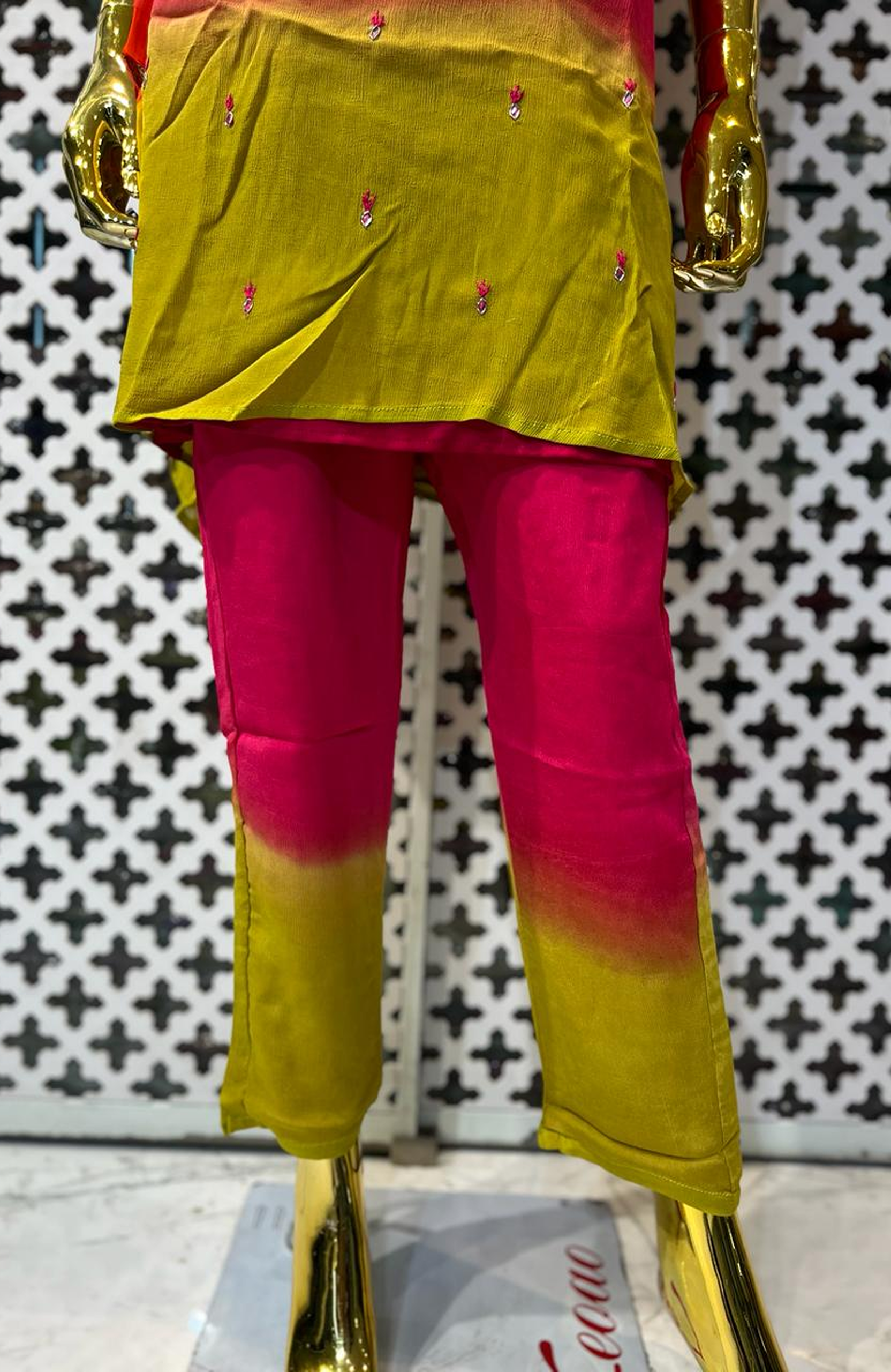 Rani Pink Pure Chinon Two-Tone Hand Work Co-Ord Set for Women | Designer Festive Cord Set