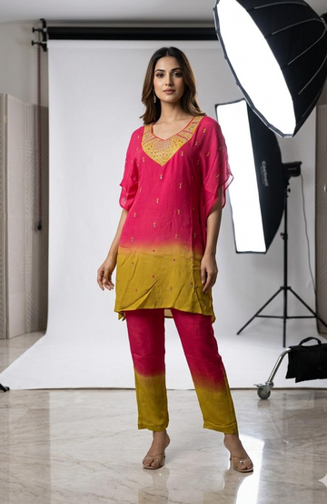 Rani Pink Pure Chinon Two-Tone Hand Work Co-Ord Set for Women | Designer Festive Cord Set