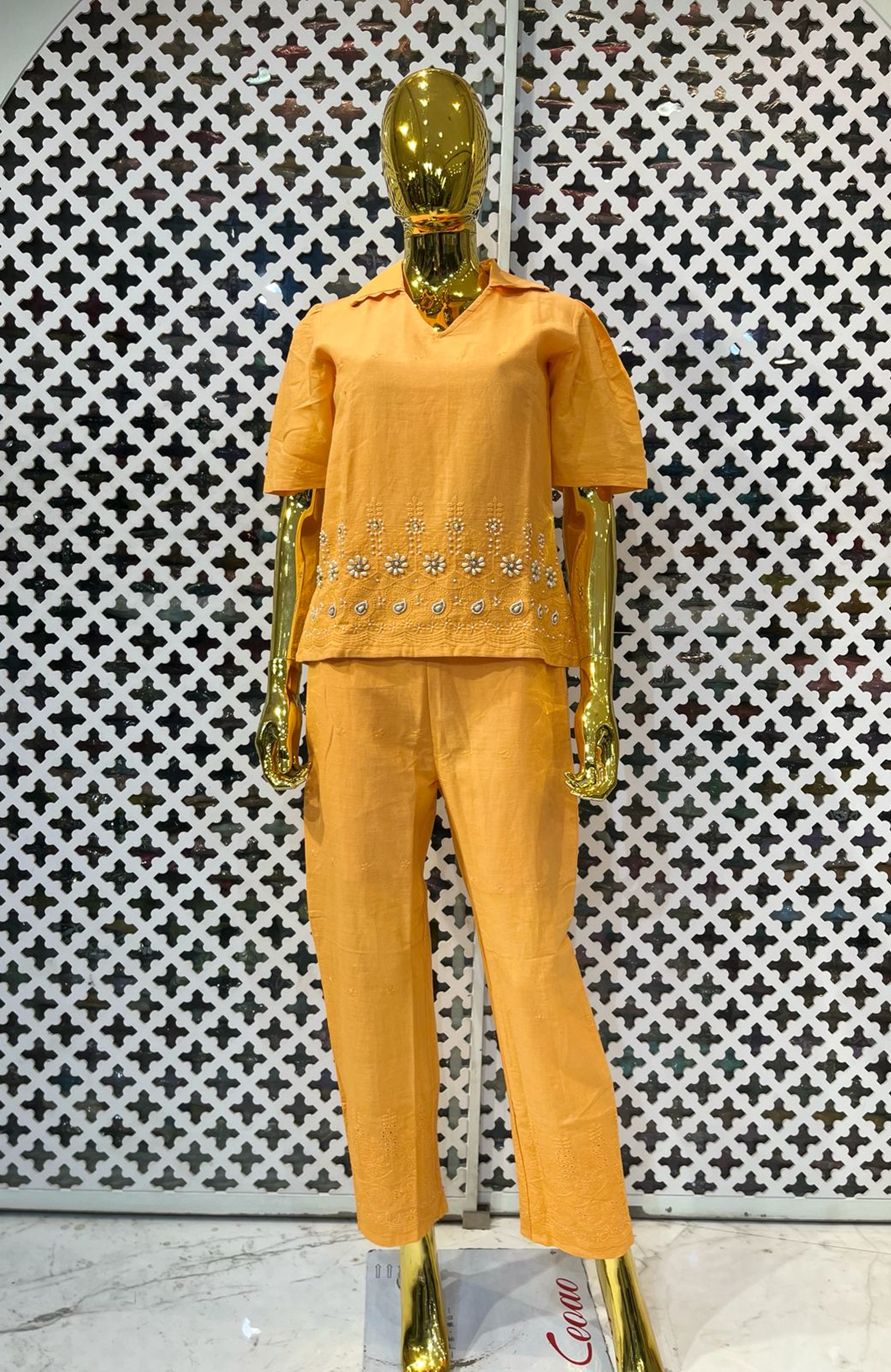 Orange Linen Cotton Chikankari Hand Work Co-Ord Set for Women | Elegant Designer Cord Set