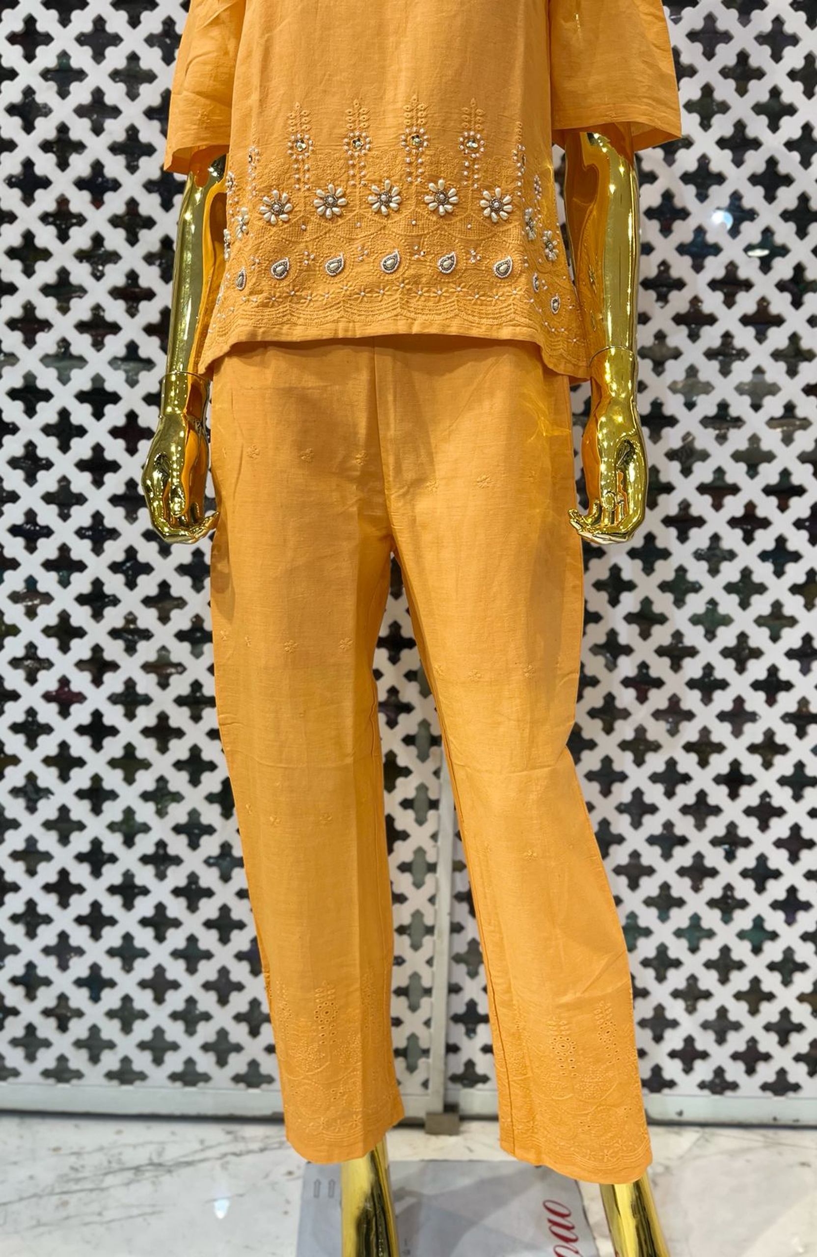 Orange Linen Cotton Chikankari Hand Work Co-Ord Set for Women | Elegant Designer Cord Set
