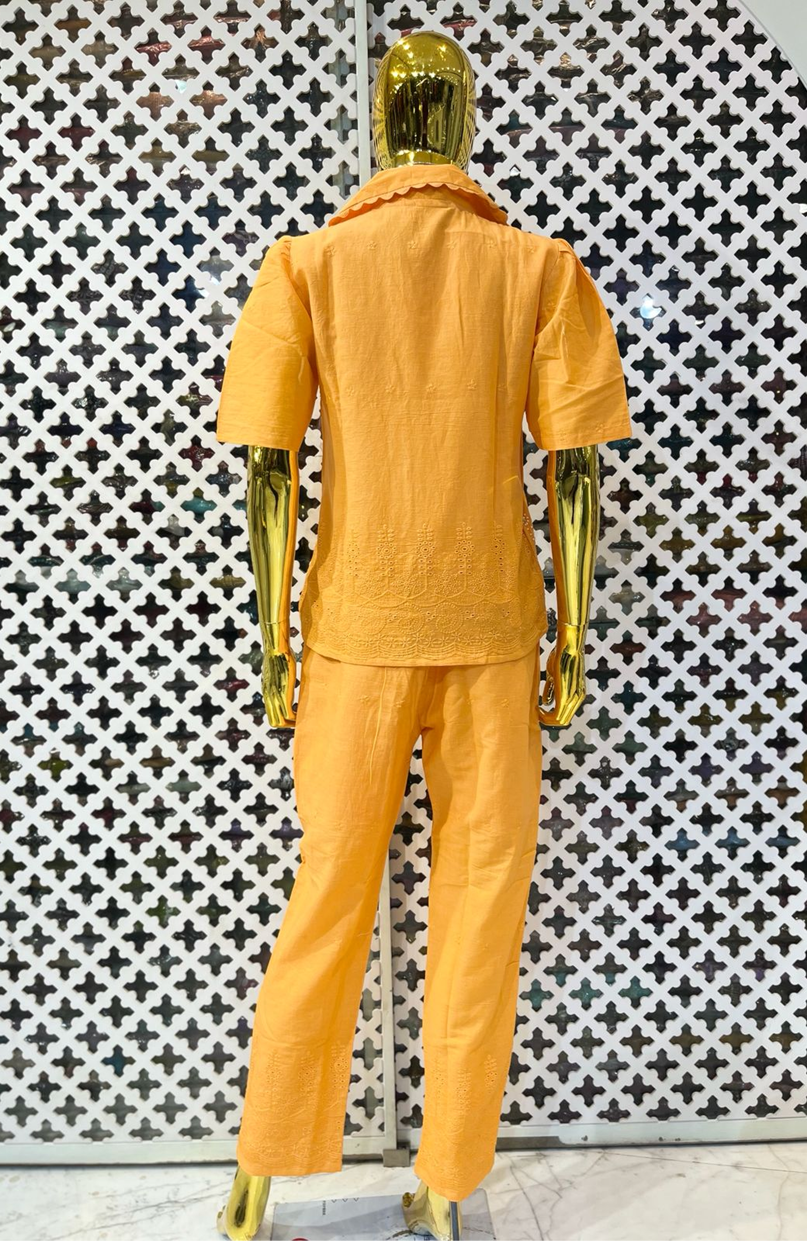 Orange Linen Cotton Chikankari Hand Work Co-Ord Set for Women | Elegant Designer Cord Set