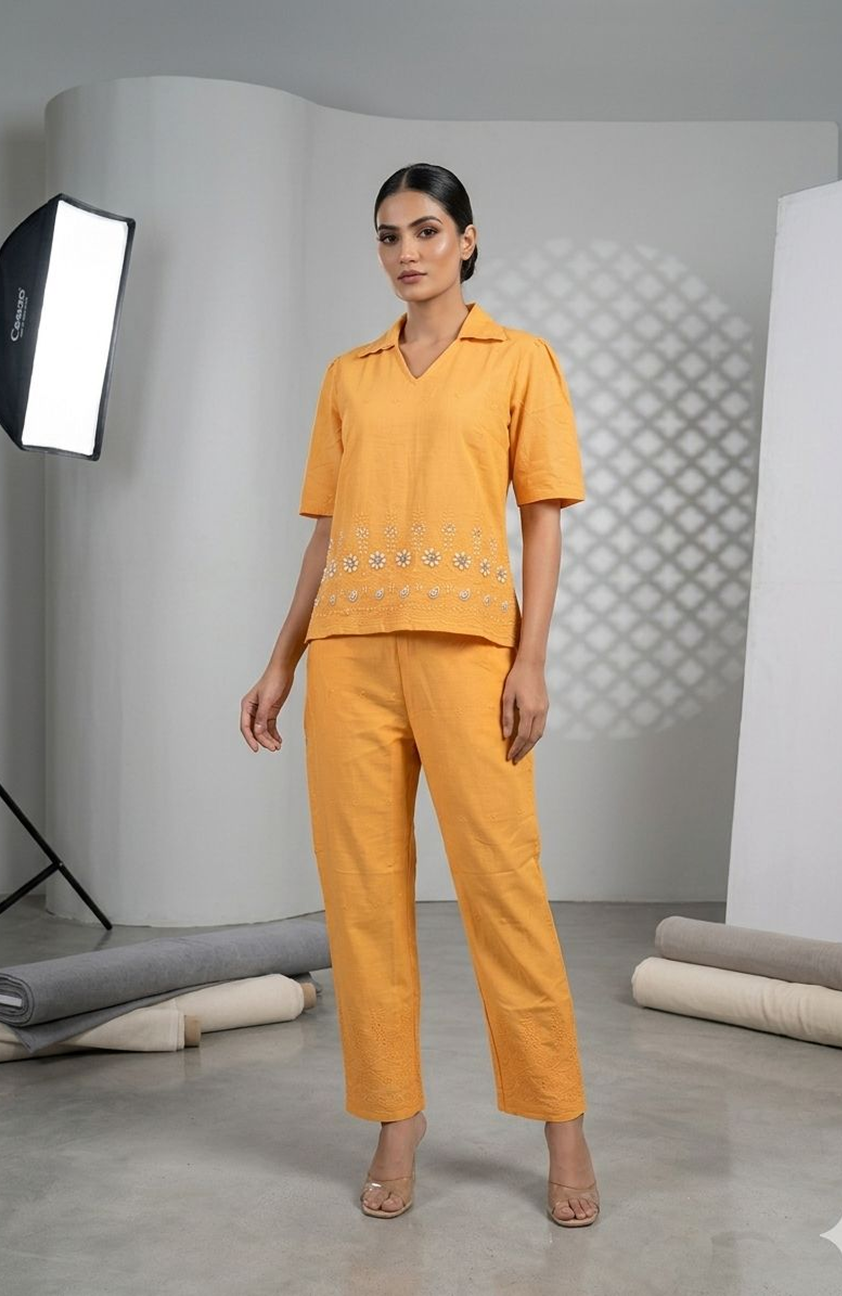 Orange Linen Cotton Chikankari Hand Work Co-Ord Set for Women | Elegant Designer Cord Set