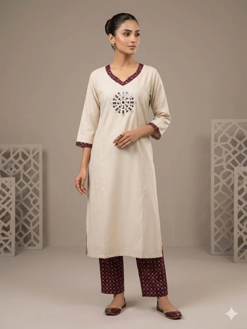 Cream Silk Cotton Handwork 2 Piece Cord Set for Women | Designer Ethnic Co-Ord Set