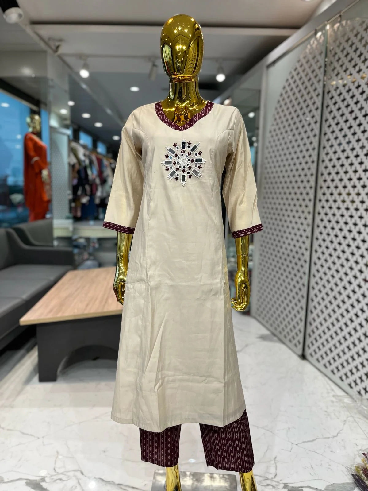 Cream Silk Cotton Handwork 2 Piece Cord Set for Women | Designer Ethnic Co-Ord Set