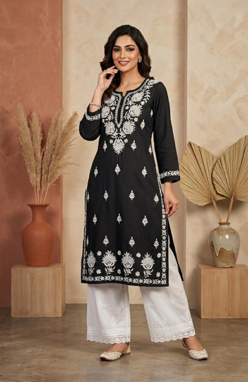 Navy Blue Rayon Lucknowi Work Kurta Plazo Set for Women | Elegant Ethnic 2 Piece Outfit