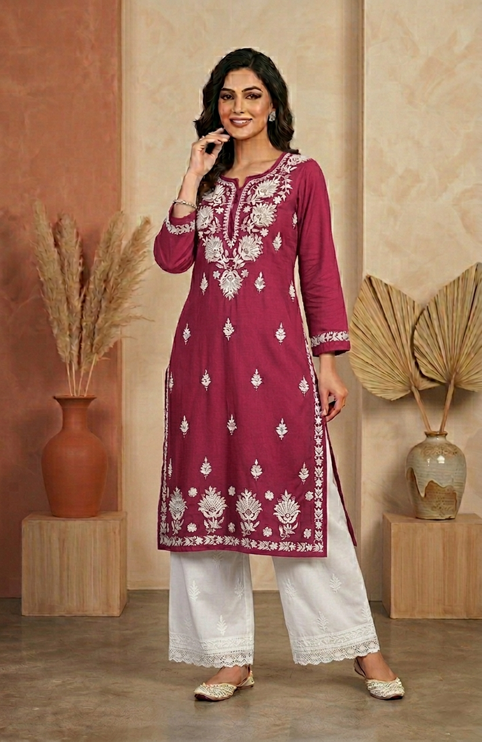 Navy Blue Rayon Lucknowi Work Kurta Plazo Set for Women | Elegant Ethnic 2 Piece Outfit