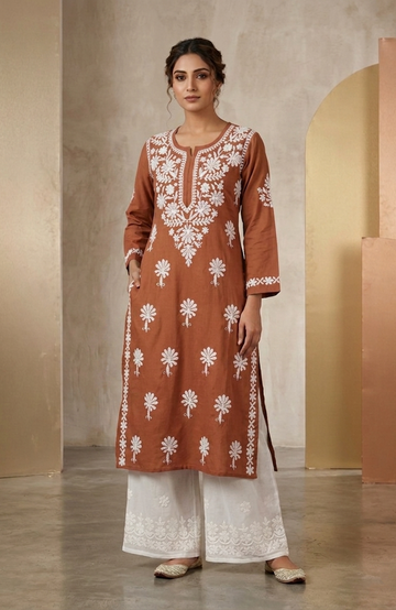 Rust Rayon Lakhnavi Work Kurta with Palazzo Set for Women | Elegant 2 Piece Ethnic Wear