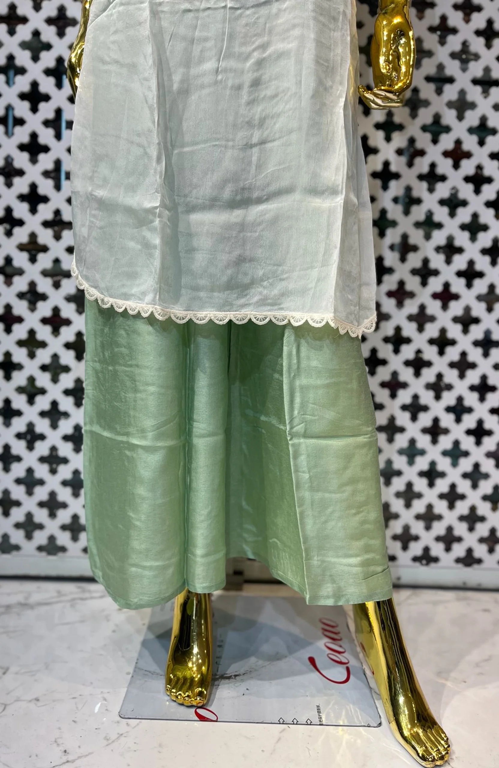 Pista Green Pure Chinon Hand Work Co-Ord Set for Women | Elegant Designer Two Piece Cord Set