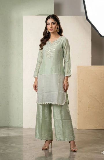 Pista Green Pure Chinon Hand Work Co-Ord Set for Women | Elegant Designer Two Piece Cord Set