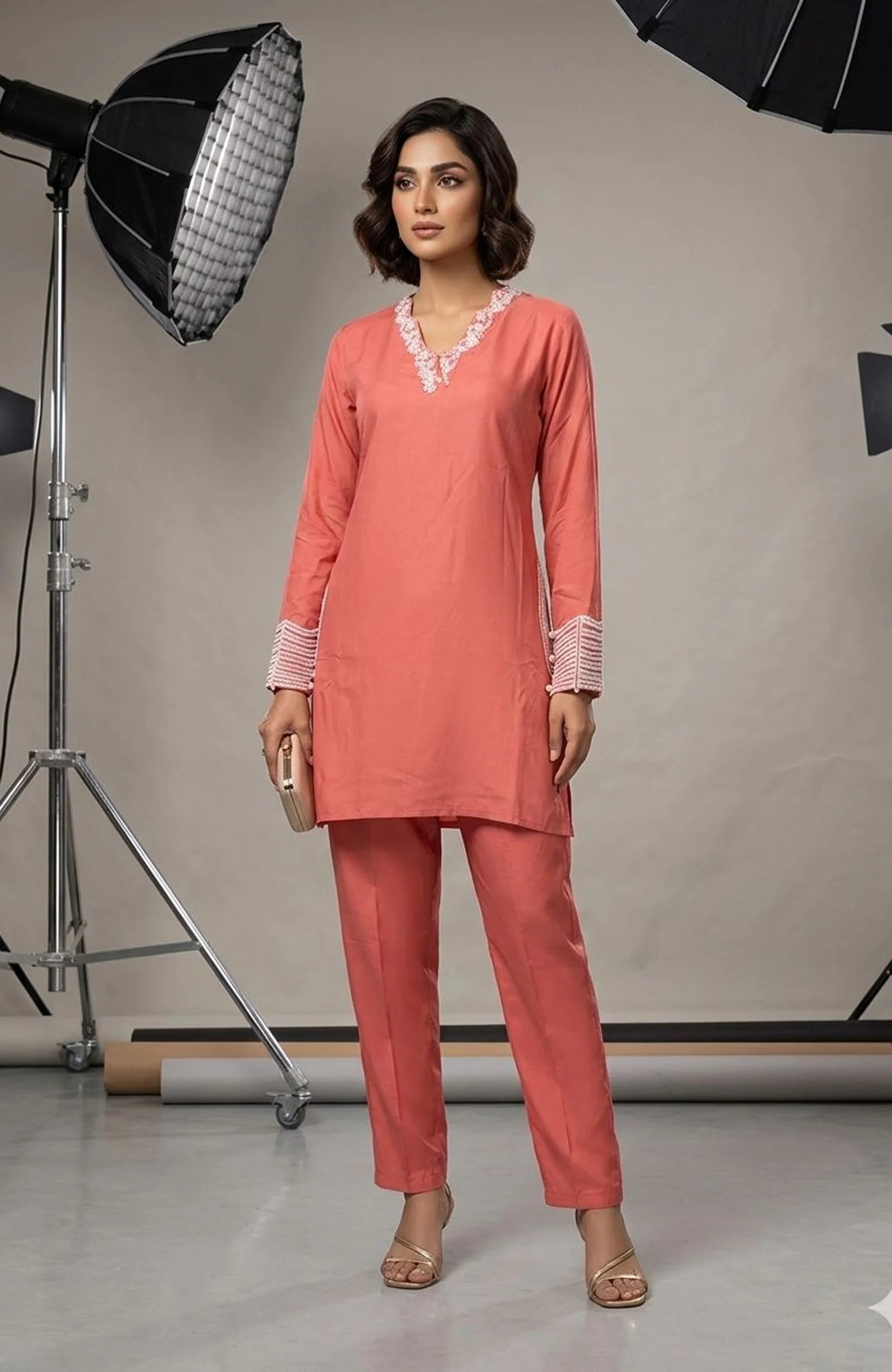 Coral Peach Modal Silk Hand Work Co-Ord Set for Women | Elegant Designer 2 Piece Cord Set