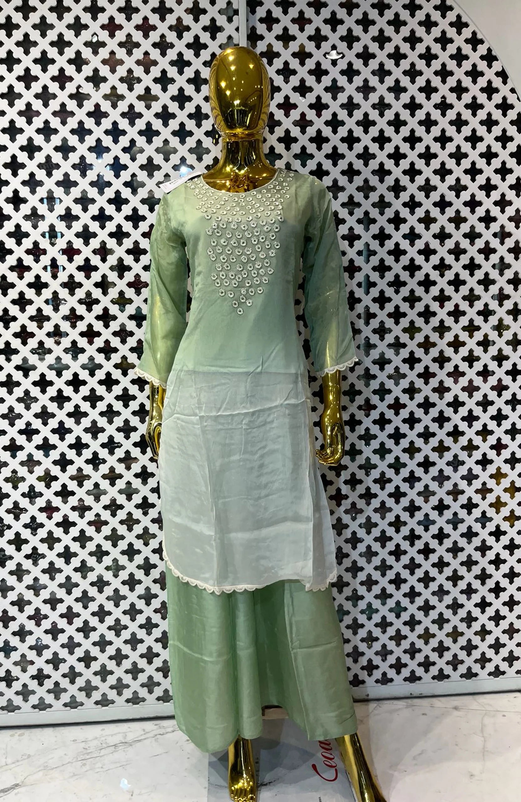 Pista Green Pure Chinon Hand Work Co-Ord Set for Women | Elegant Designer Two Piece Cord Set