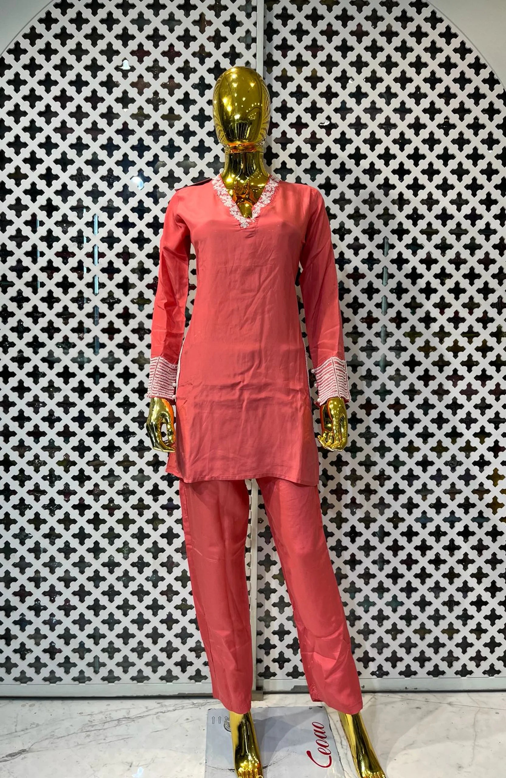 Coral Peach Modal Silk Hand Work Co-Ord Set for Women | Elegant Designer 2 Piece Cord Set