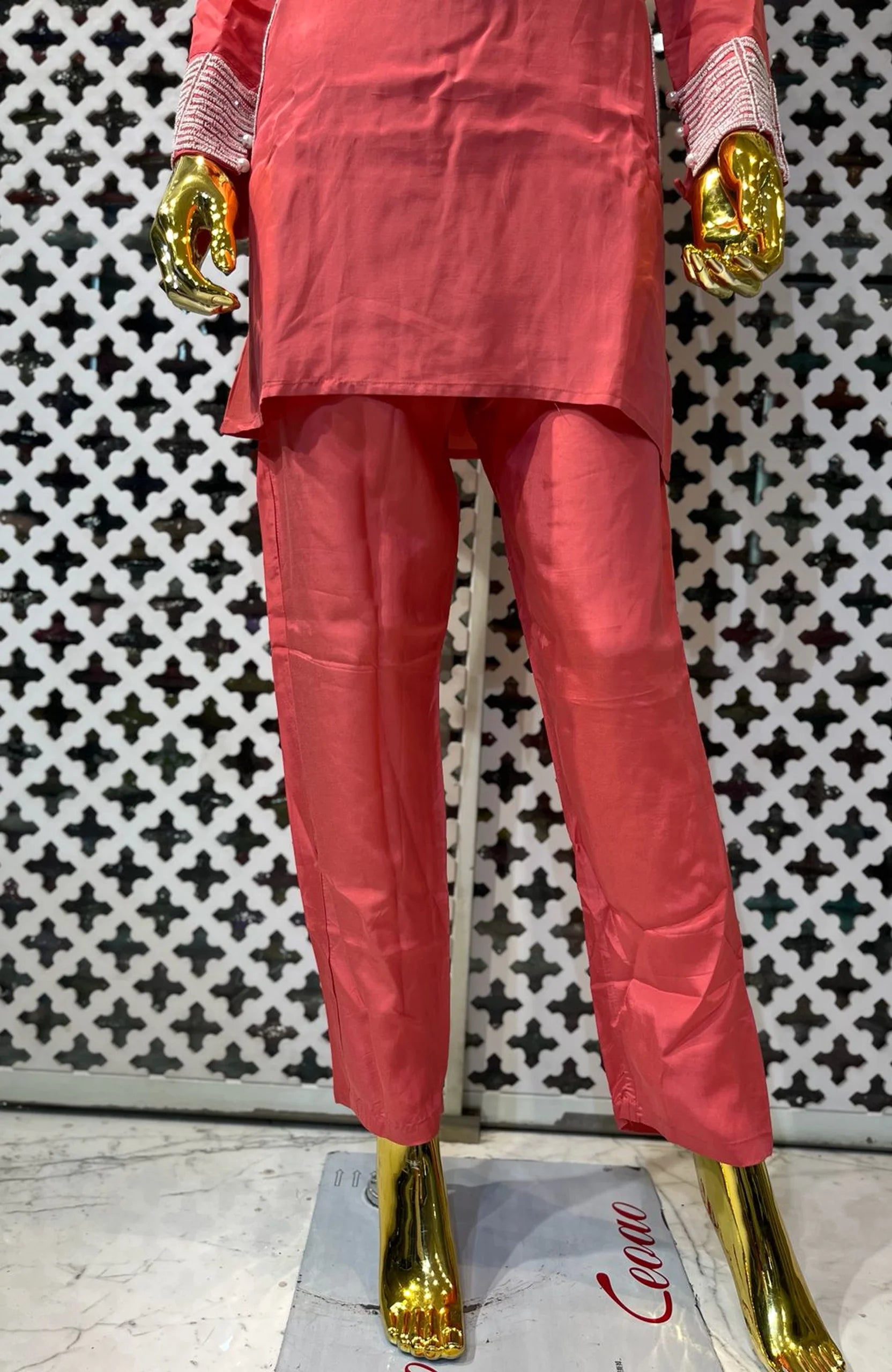 Coral Peach Modal Silk Hand Work Co-Ord Set for Women | Elegant Designer 2 Piece Cord Set