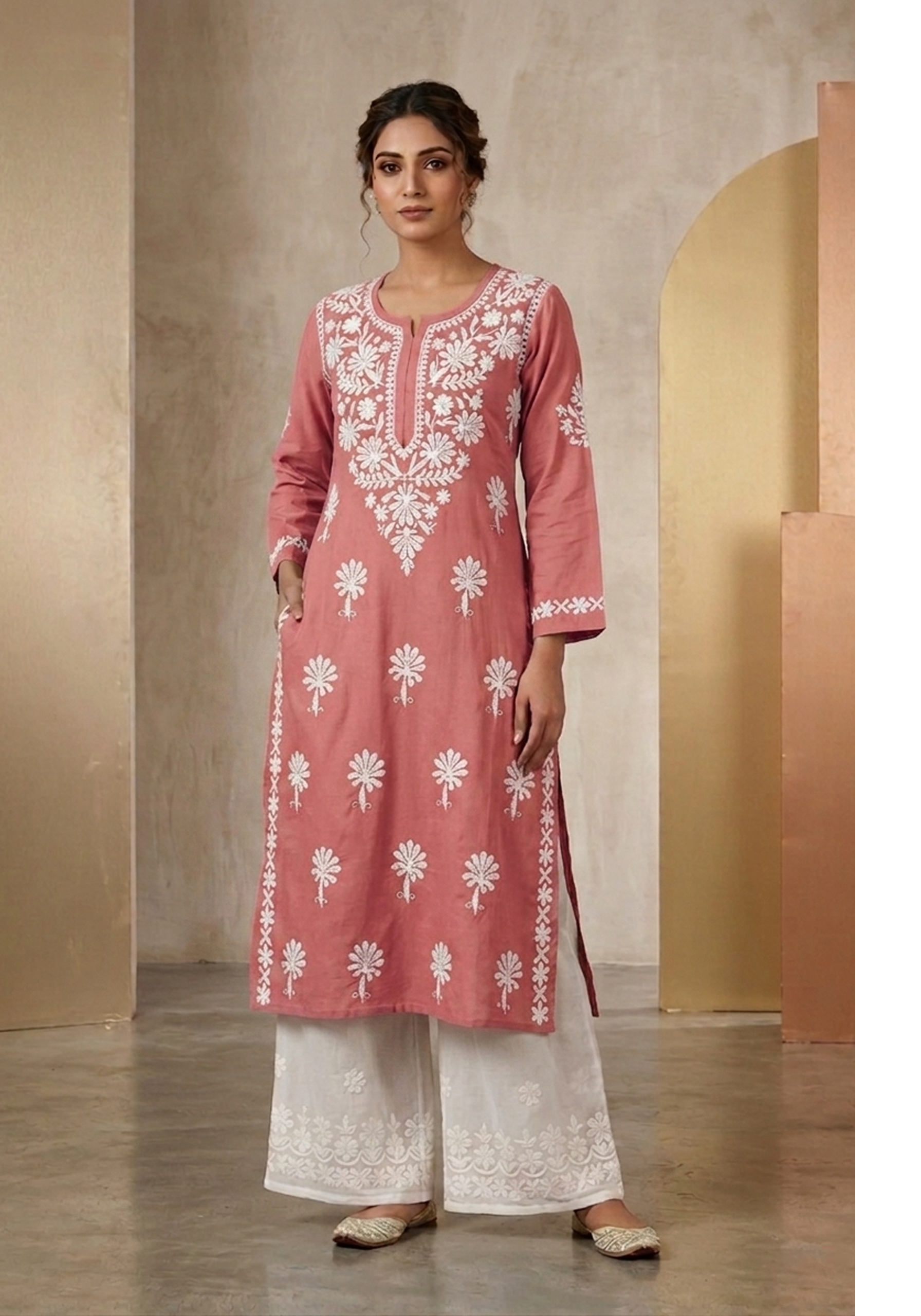 Rust Rayon Lakhnavi Work Kurta with Palazzo Set for Women | Elegant 2 Piece Ethnic Wear