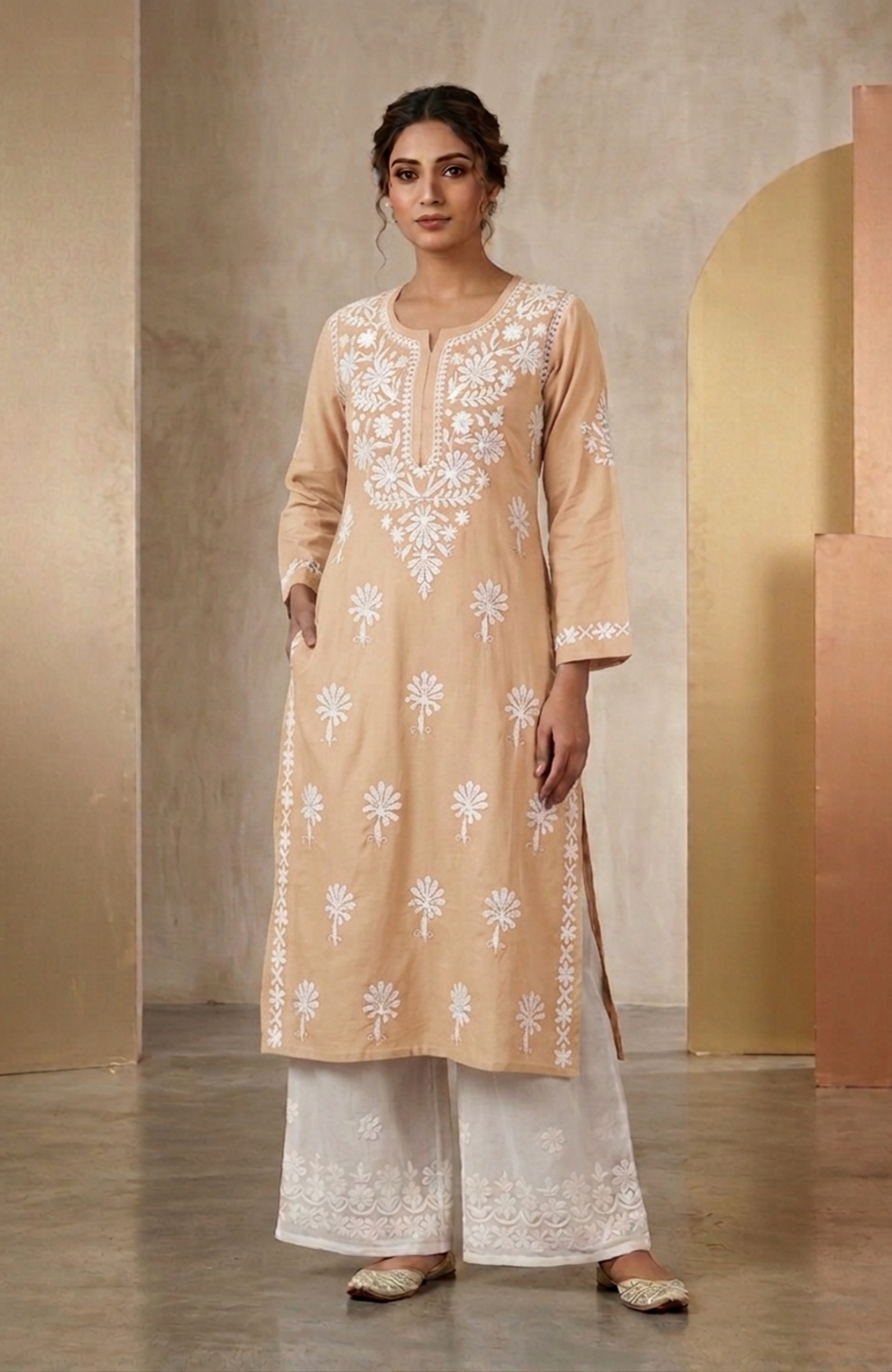 Rust Rayon Lakhnavi Work Kurta with Palazzo Set for Women | Elegant 2 Piece Ethnic Wear