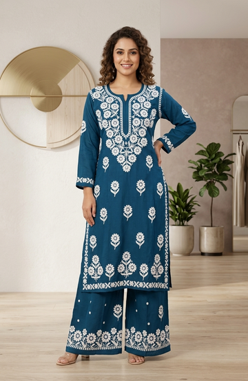 Royal Blue Rayon Lakhnavi Embroidered Kurta Palazzo Set for Women | Elegant 2 Piece Ethnic Wear
