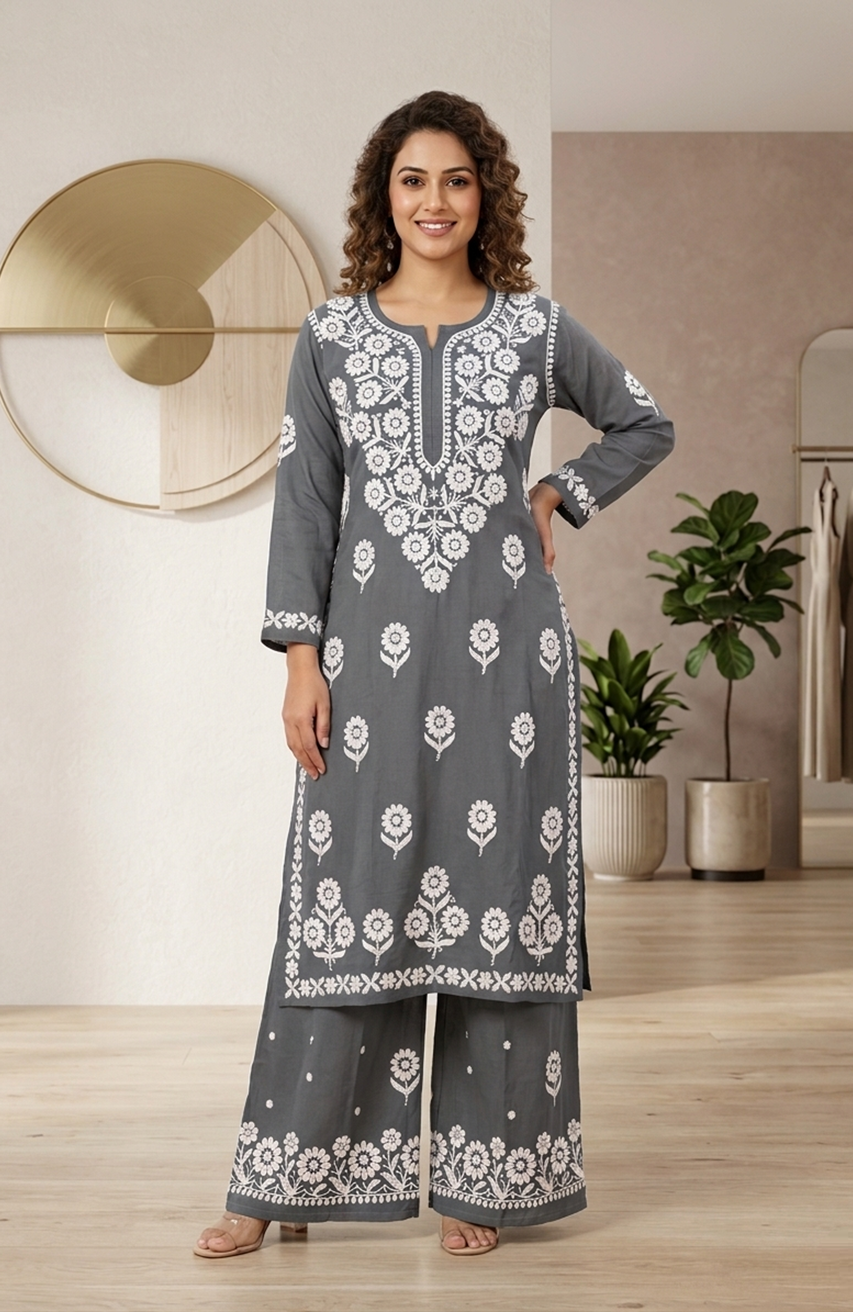 Royal Blue Rayon Lakhnavi Embroidered Kurta Palazzo Set for Women | Elegant 2 Piece Ethnic Wear
