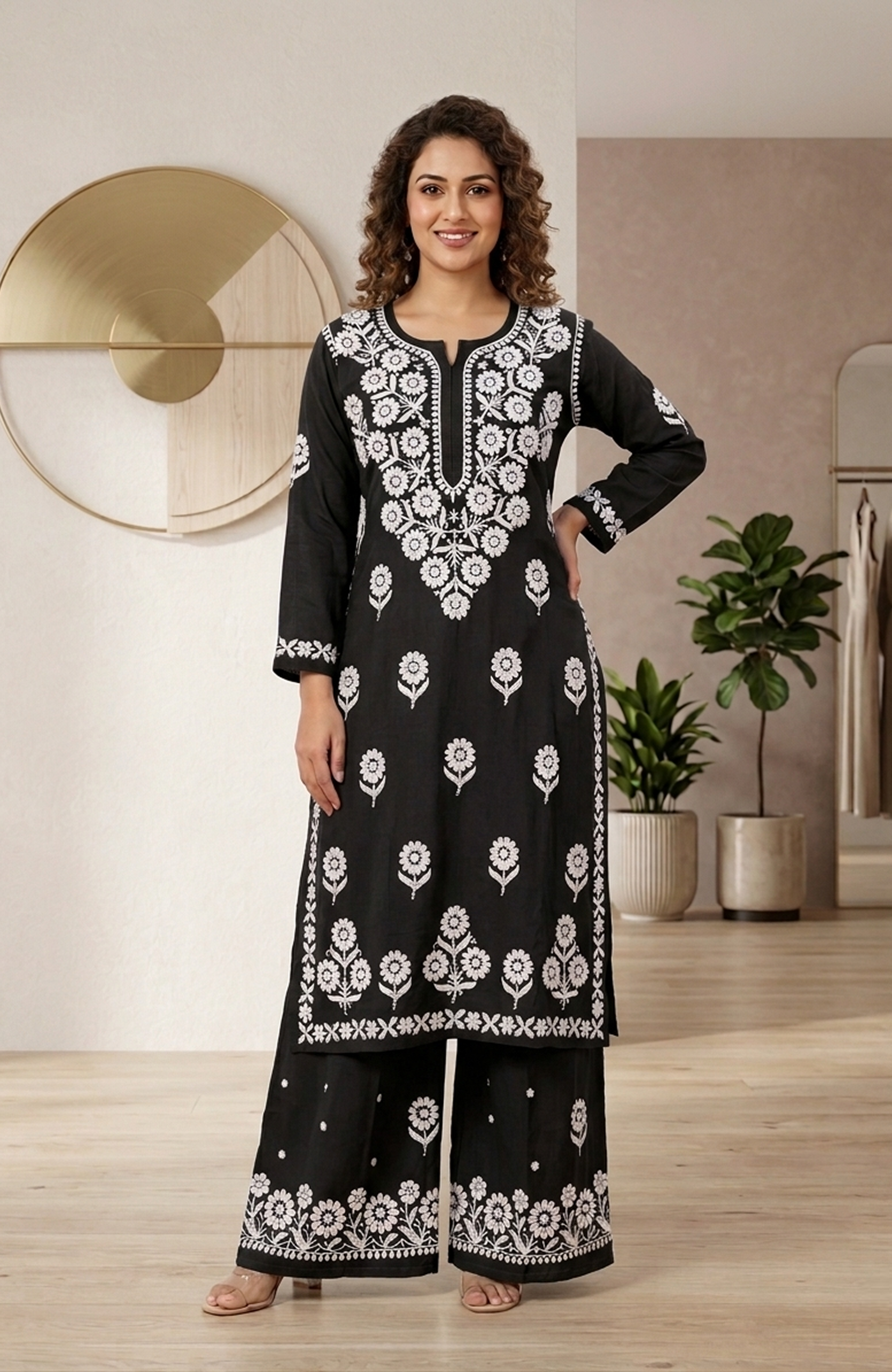 Royal Blue Rayon Lakhnavi Embroidered Kurta Palazzo Set for Women | Elegant 2 Piece Ethnic Wear
