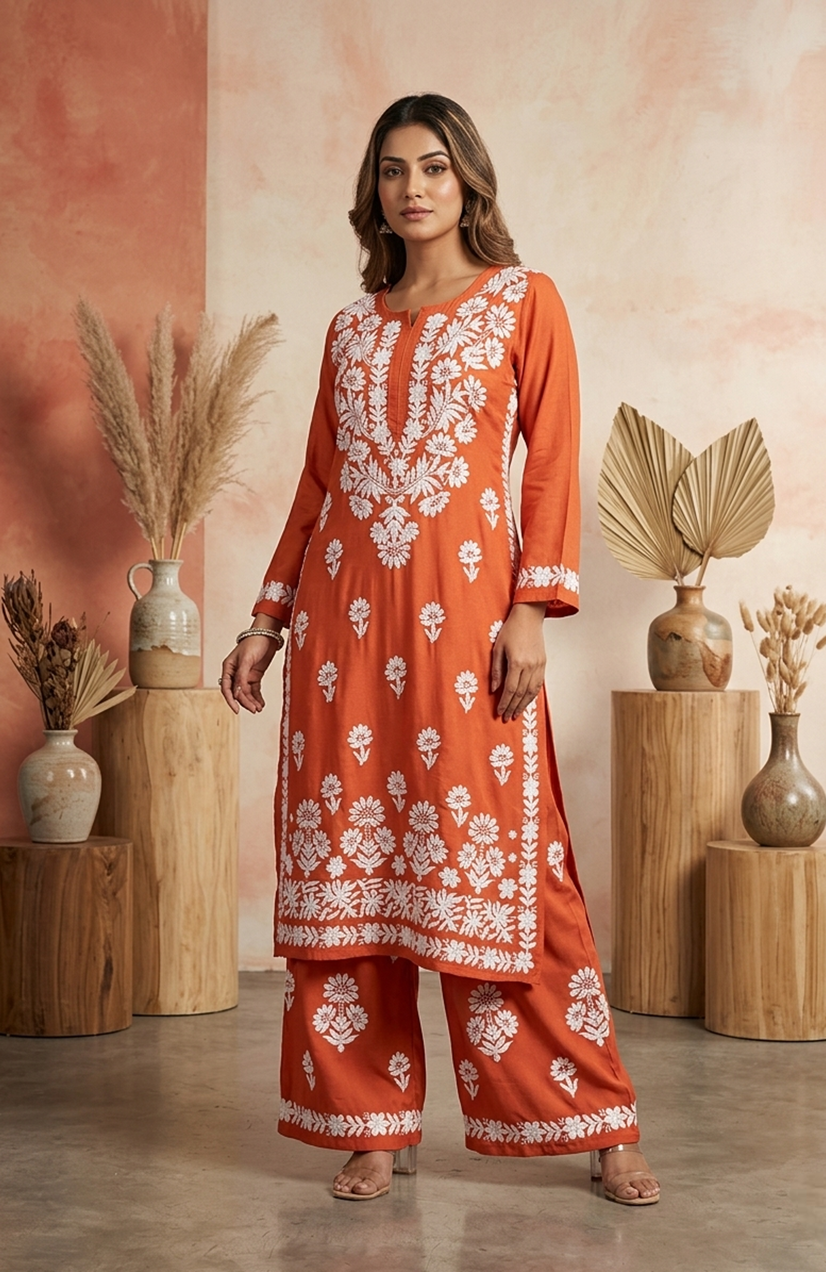 Navy Blue Rayon Lakhnavi Embroidered Kurta Palazzo Set for Women | Premium 2 Piece Ethnic Outfit