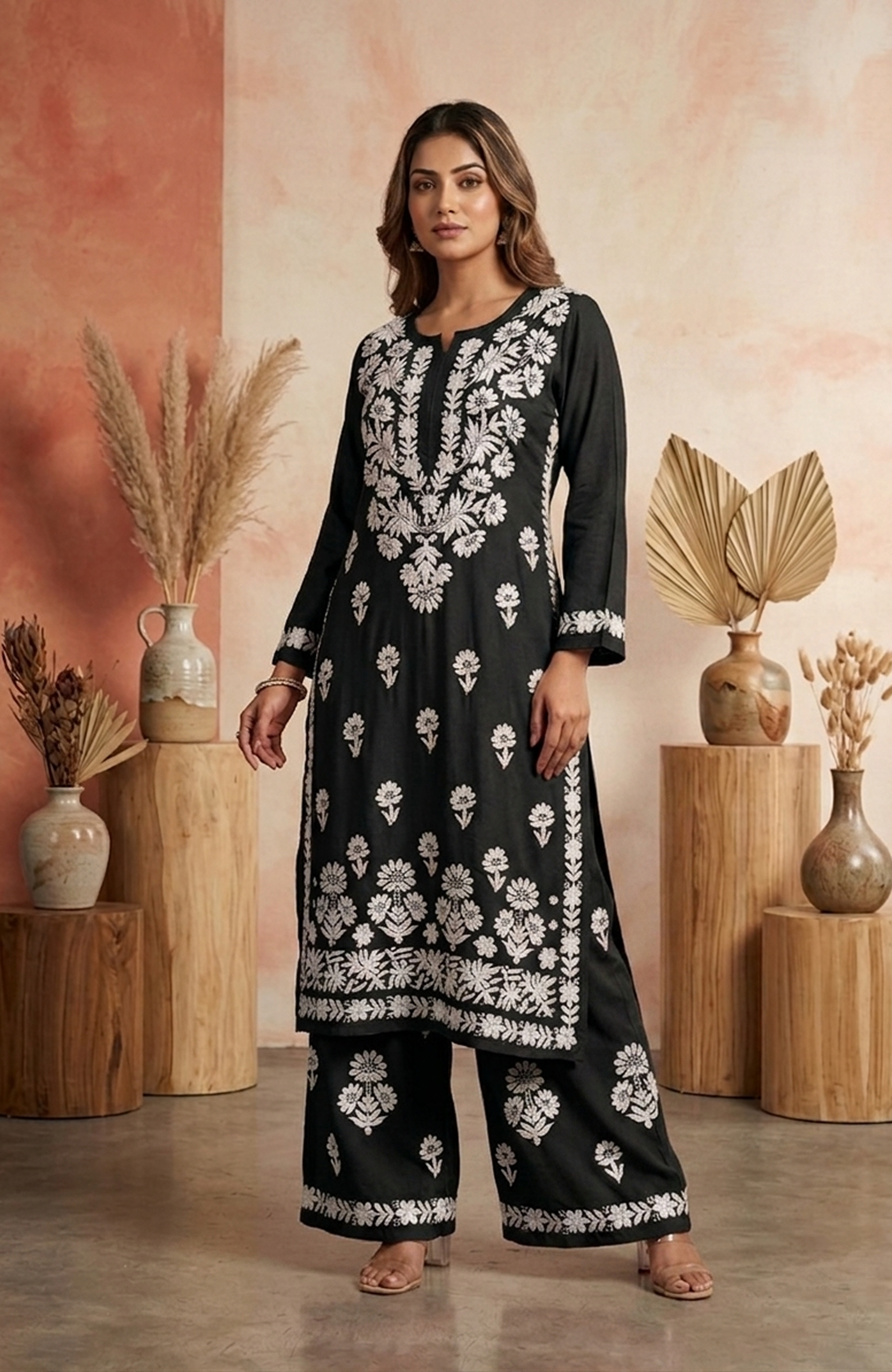 Navy Blue Rayon Lakhnavi Embroidered Kurta Palazzo Set for Women | Premium 2 Piece Ethnic Outfit