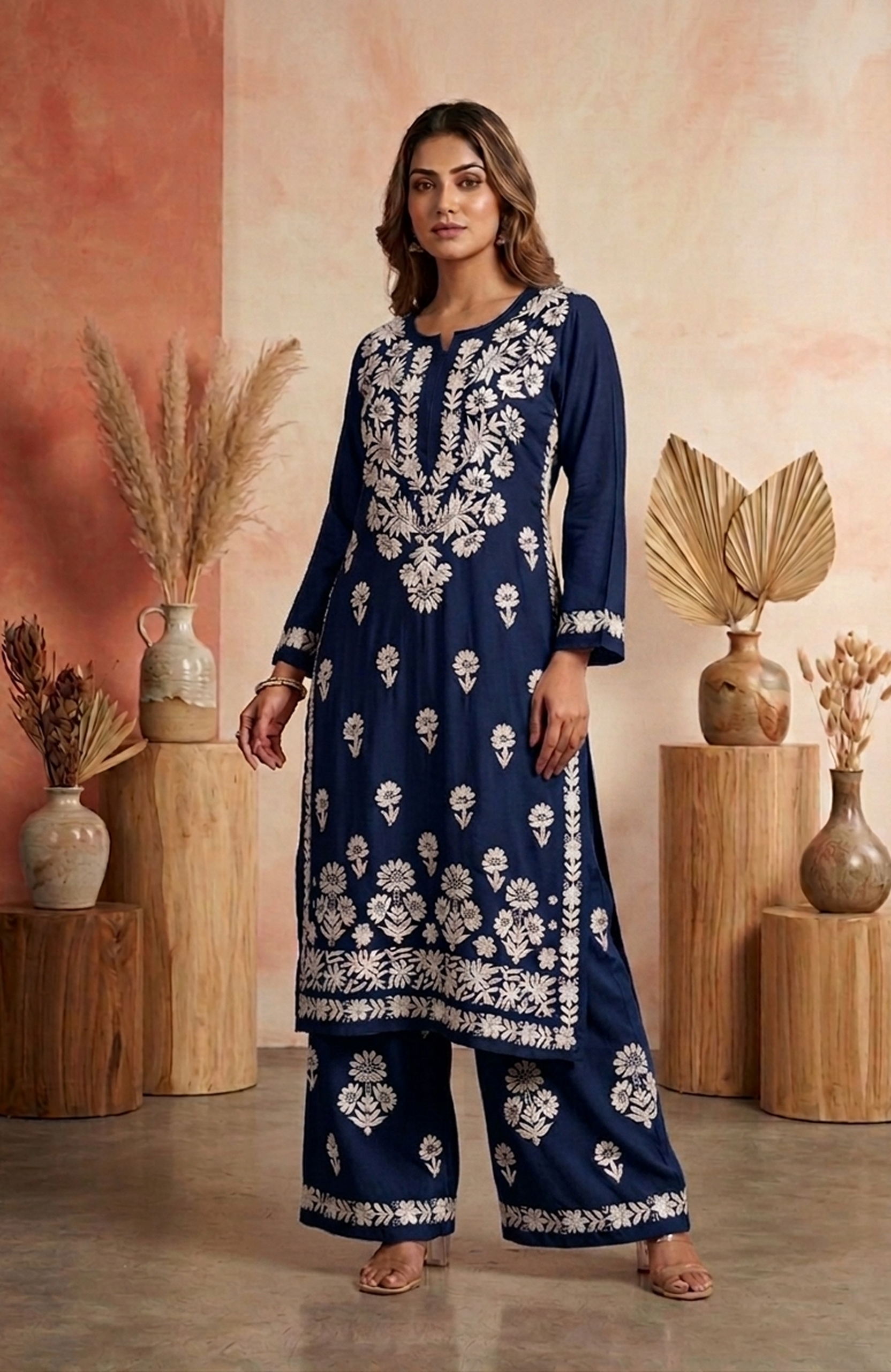 Navy Blue Rayon Lakhnavi Embroidered Kurta Palazzo Set for Women | Premium 2 Piece Ethnic Outfit