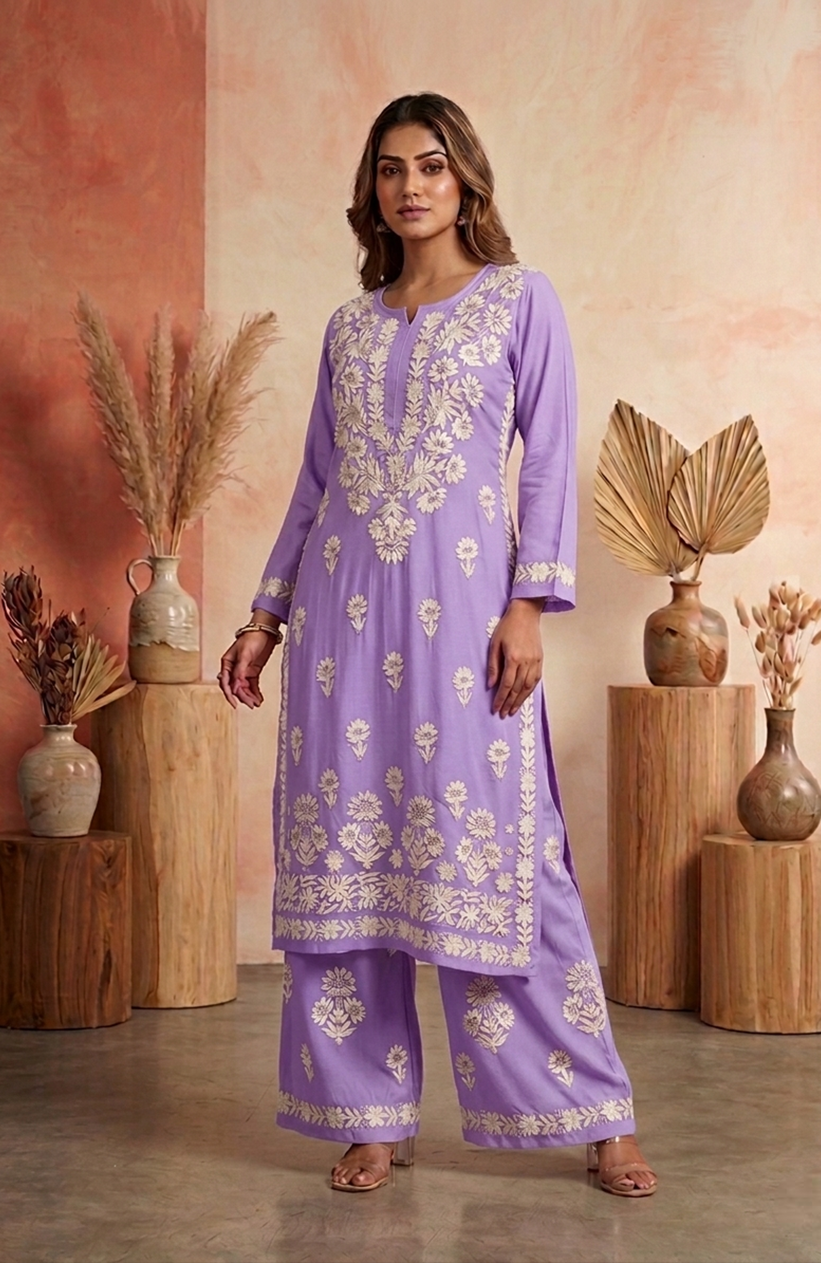 Navy Blue Rayon Lakhnavi Embroidered Kurta Palazzo Set for Women | Premium 2 Piece Ethnic Outfit
