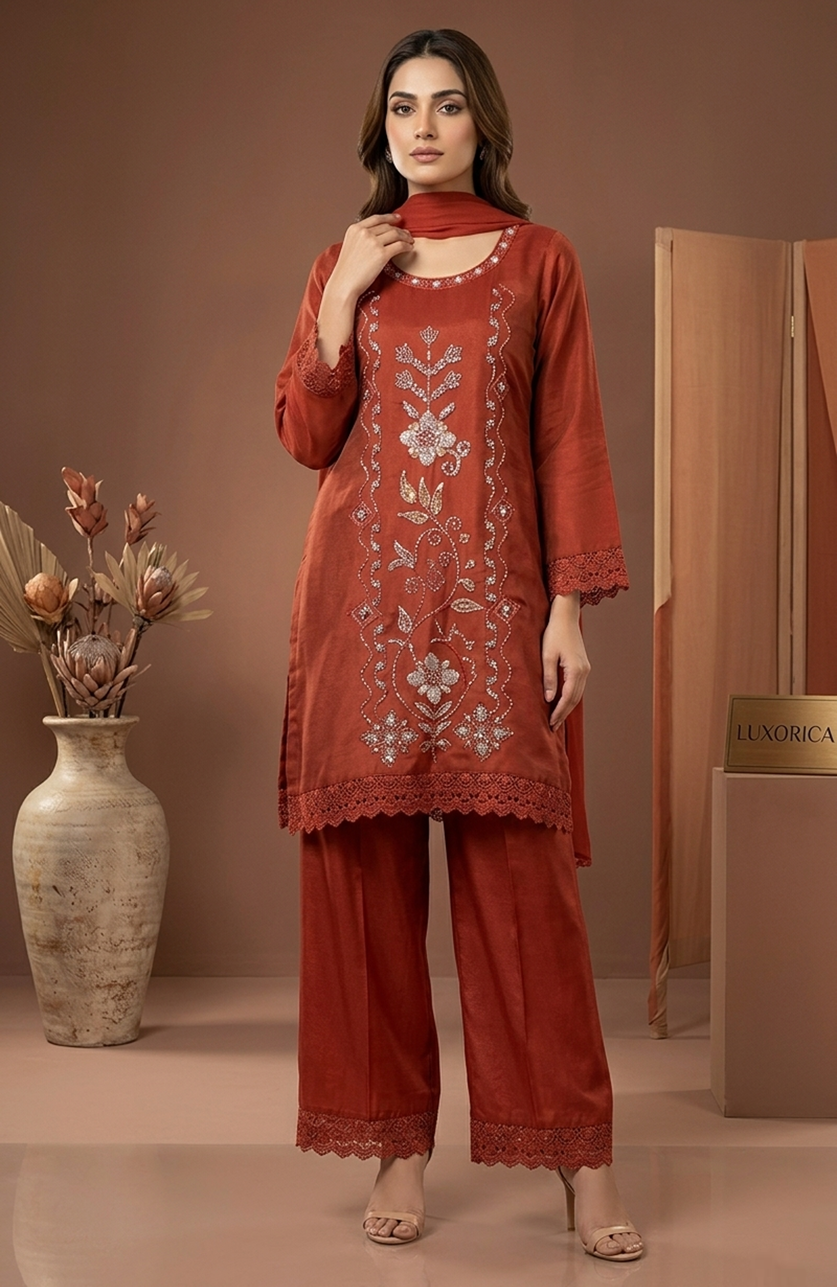 Rust Roman Shimmer Beads Work Kurta Set with Dupatta for Women | Elegant Straight Fit 3 Piece Suit