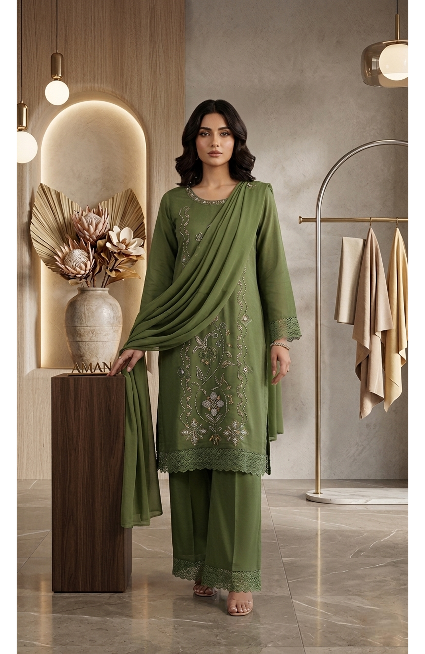 Rust Roman Shimmer Beads Work Kurta Set with Dupatta for Women | Elegant Straight Fit 3 Piece Suit