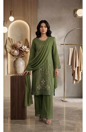 Rust Roman Shimmer Beads Work Kurta Set with Dupatta for Women | Elegant Straight Fit 3 Piece Suit