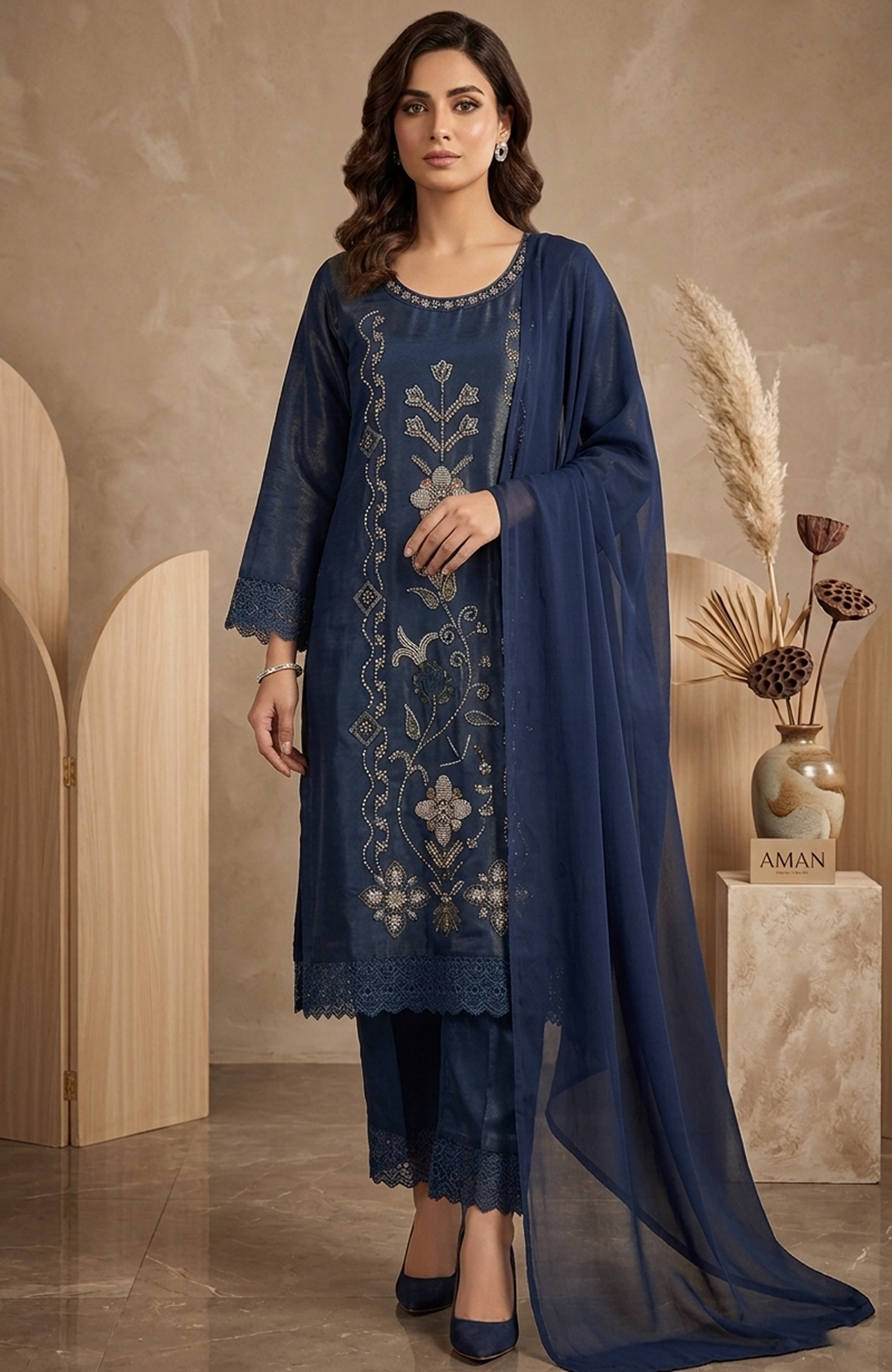 Rust Roman Shimmer Beads Work Kurta Set with Dupatta for Women | Elegant Straight Fit 3 Piece Suit