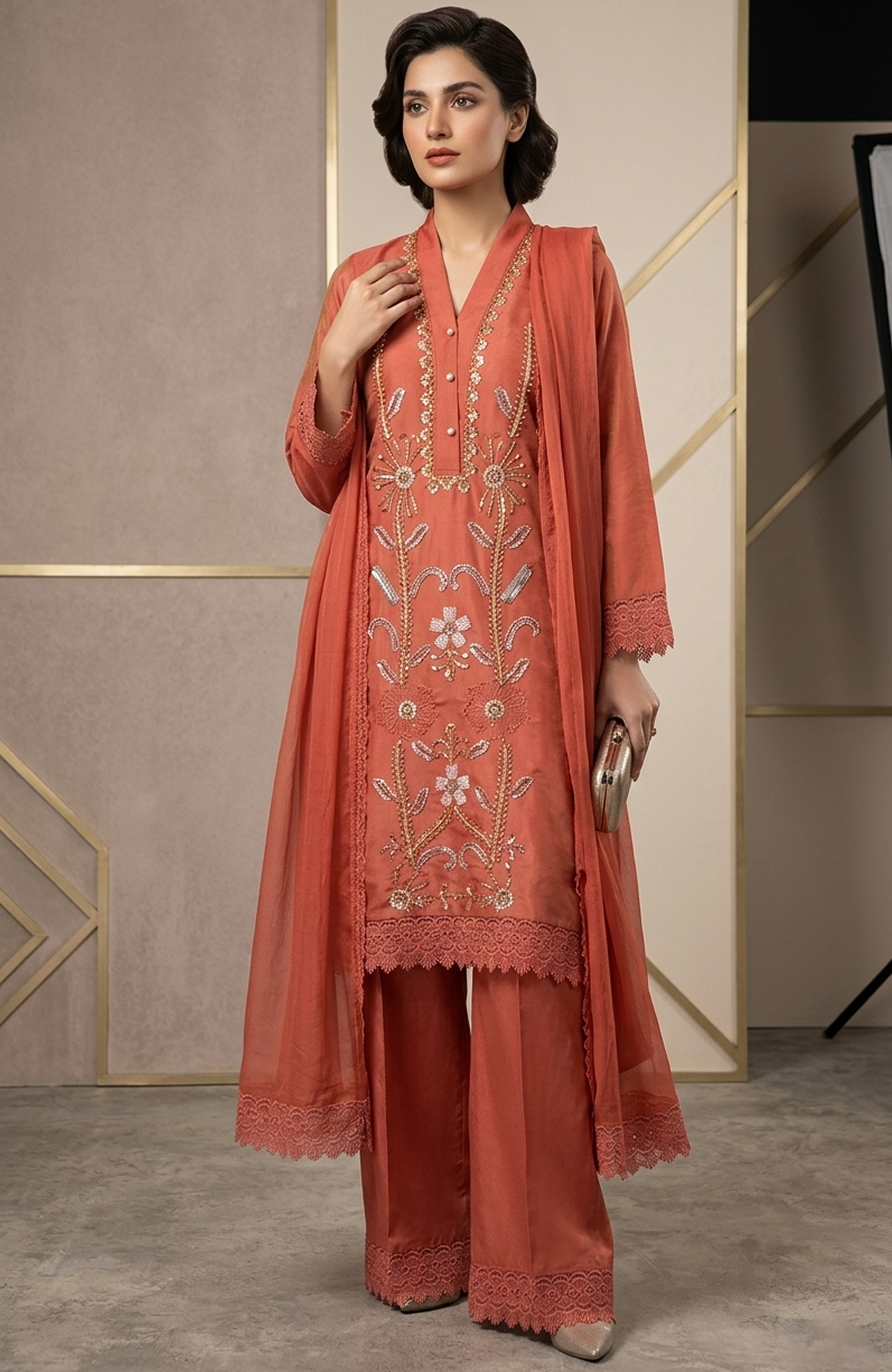 Rama Green Roman Shimmer Beads Work Straight Suit Set for Women | Elegant 3 Piece Ethnic Wear with Dupatta
