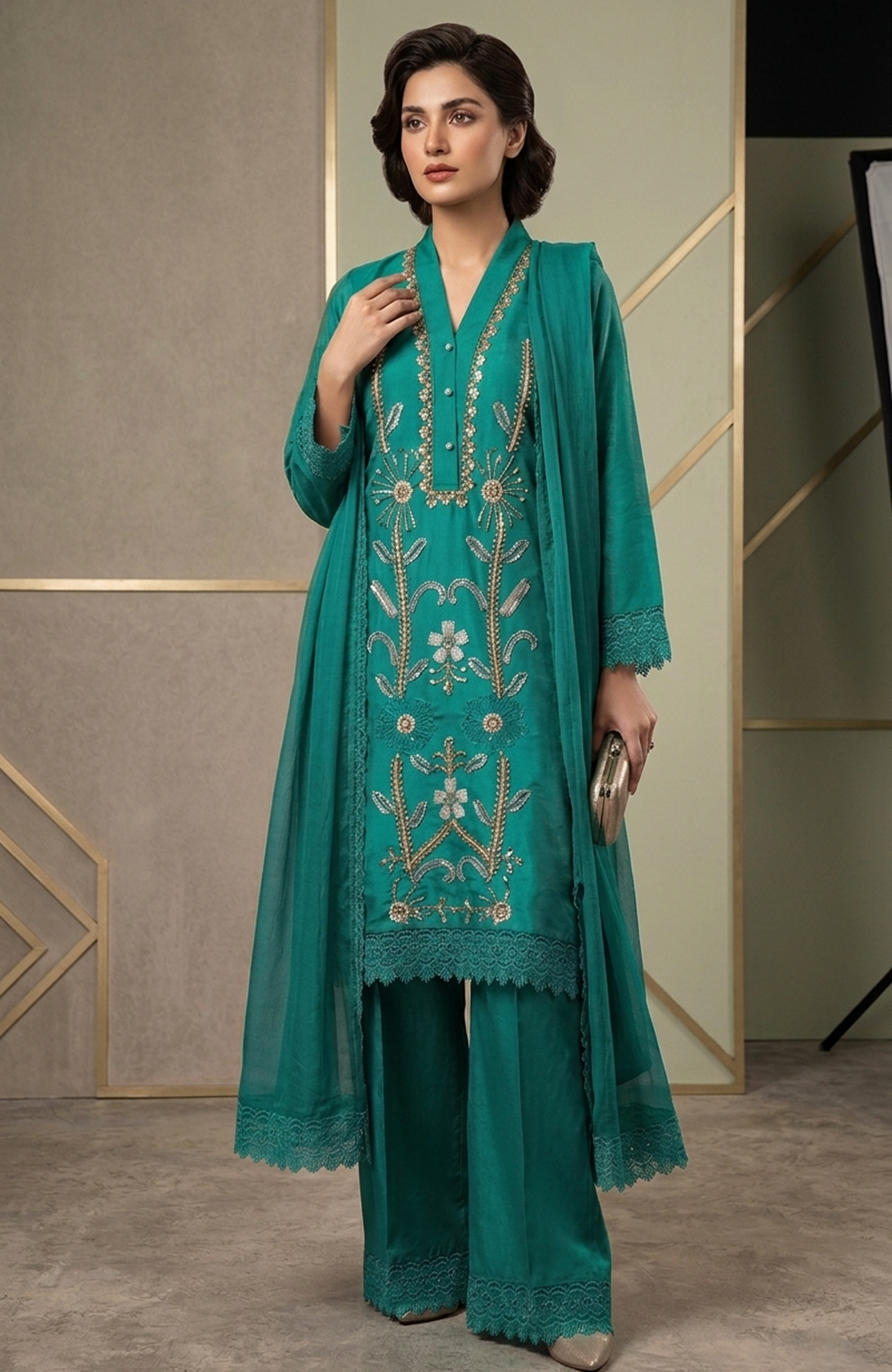 Rama Green Roman Shimmer Beads Work Straight Suit Set for Women | Elegant 3 Piece Ethnic Wear with Dupatta