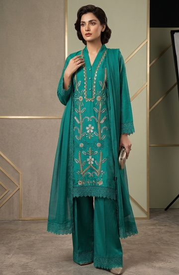 Rama Green Roman Shimmer Beads Work Straight Suit Set for Women | Elegant 3 Piece Ethnic Wear with Dupatta