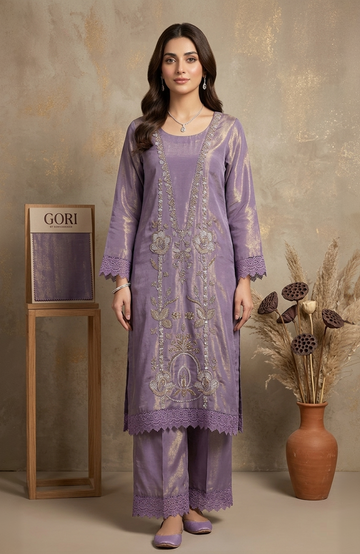 Lavender Roman Shimmer Beads Work Straight Suit Set for Women | Premium 3 Piece Designer Ethnic Wear with Dupatta