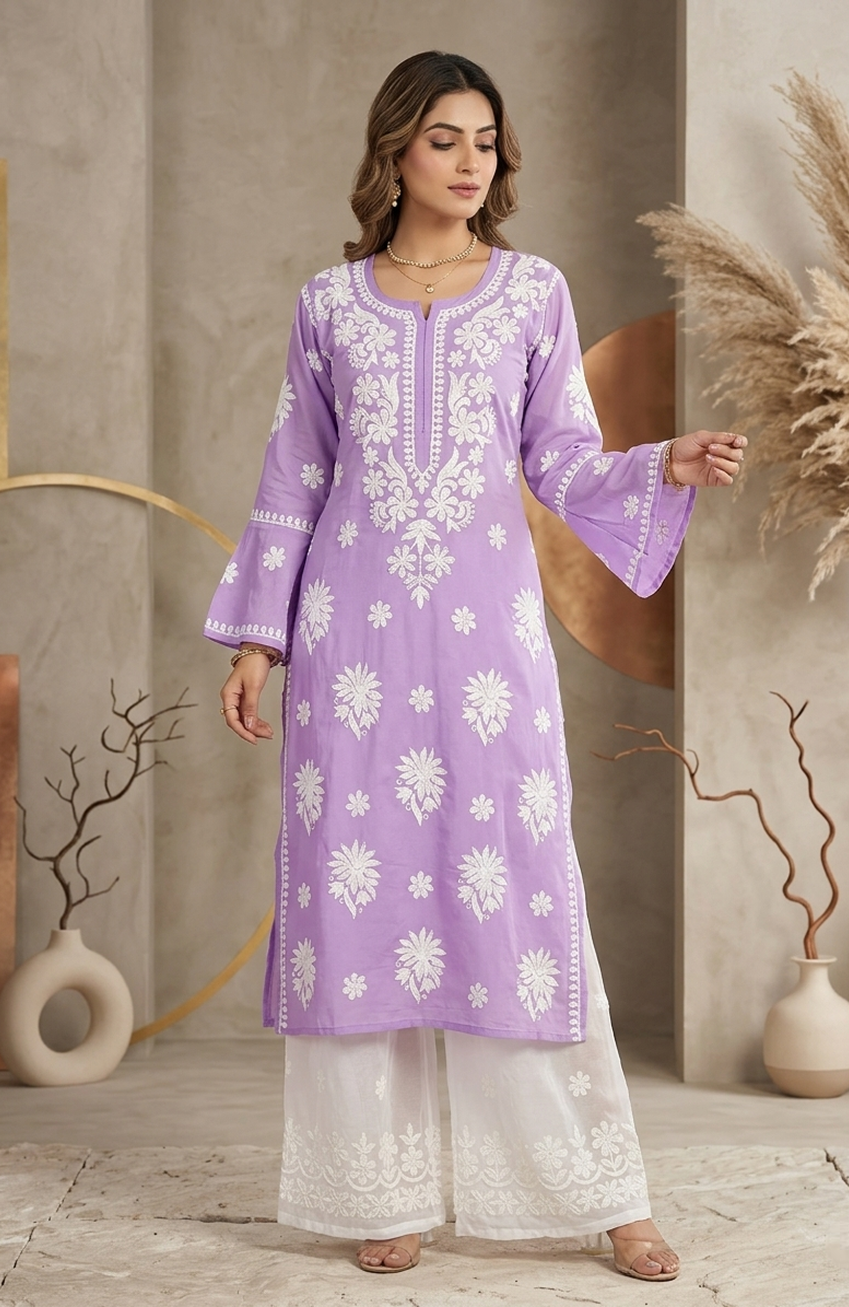 Rayon Lakhnavi Embroidered Kurta Palazzo Set for Women | Stylish 2 Piece Ethnic Outfit