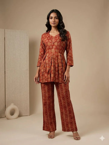 Rust Pure Rayon Foil Print 3 Piece Cord Set for Women | Designer Ethnic Co-Ord Set