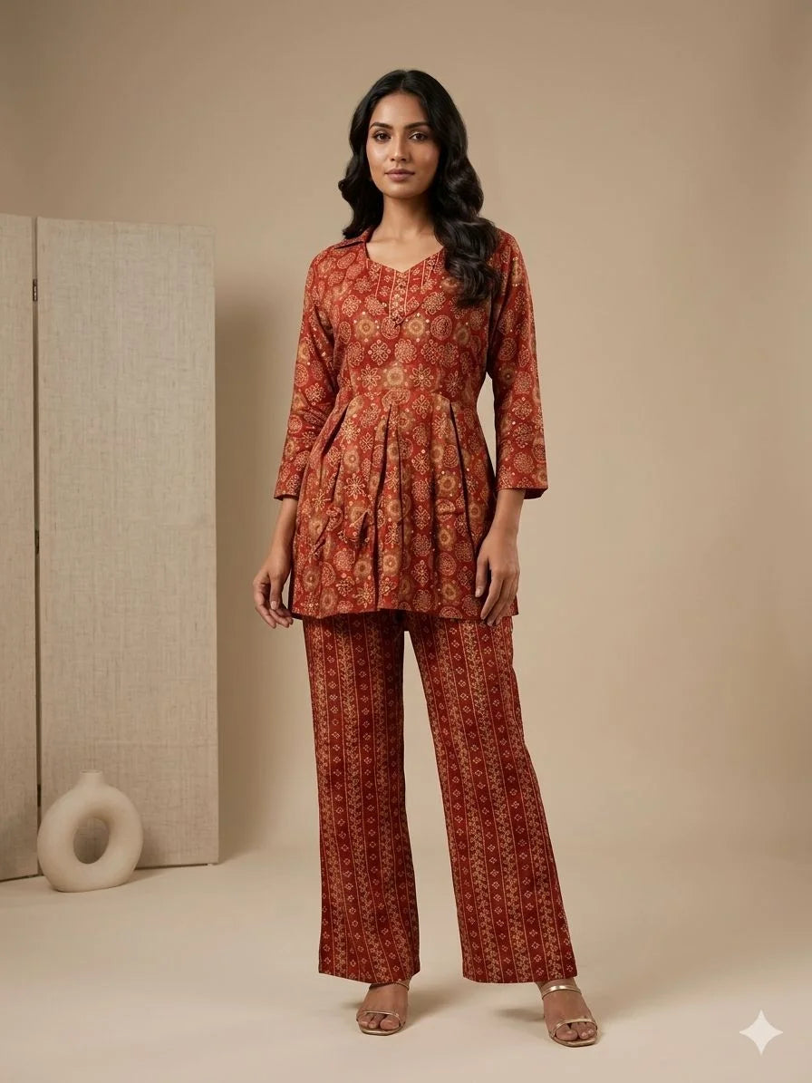 Rust Pure Rayon Foil Print 3 Piece Cord Set for Women | Designer Ethnic Co-Ord Set