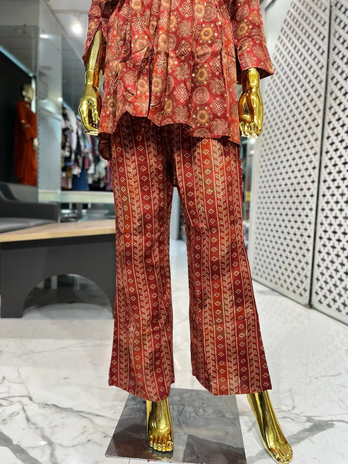 Rust Pure Rayon Foil Print 3 Piece Cord Set for Women | Designer Ethnic Co-Ord Set
