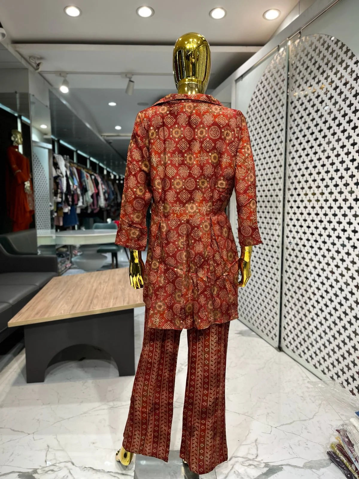 Rust Pure Rayon Foil Print 3 Piece Cord Set for Women | Designer Ethnic Co-Ord Set