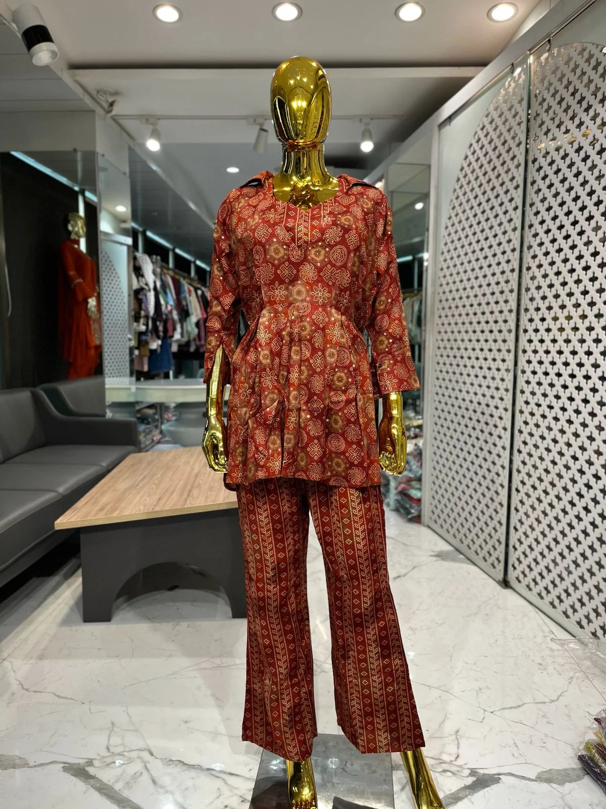 Rust Pure Rayon Foil Print 3 Piece Cord Set for Women | Designer Ethnic Co-Ord Set