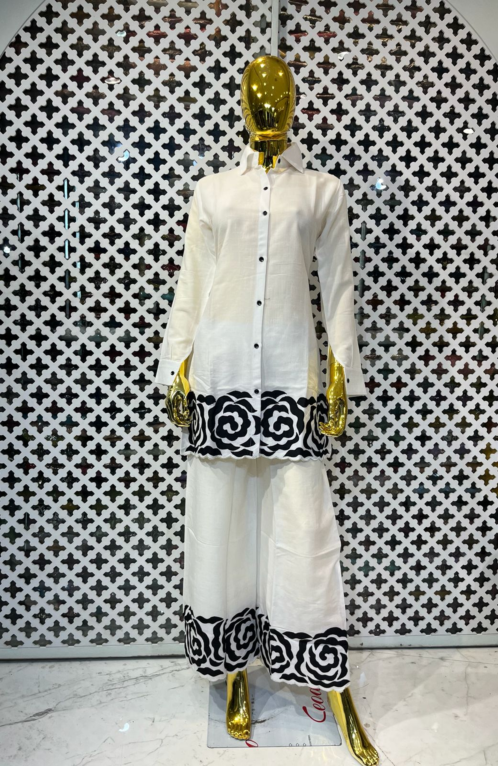 White Linen Cotton Co-Ord Set with Black Patch Work for Women | Designer Casual Cord Set