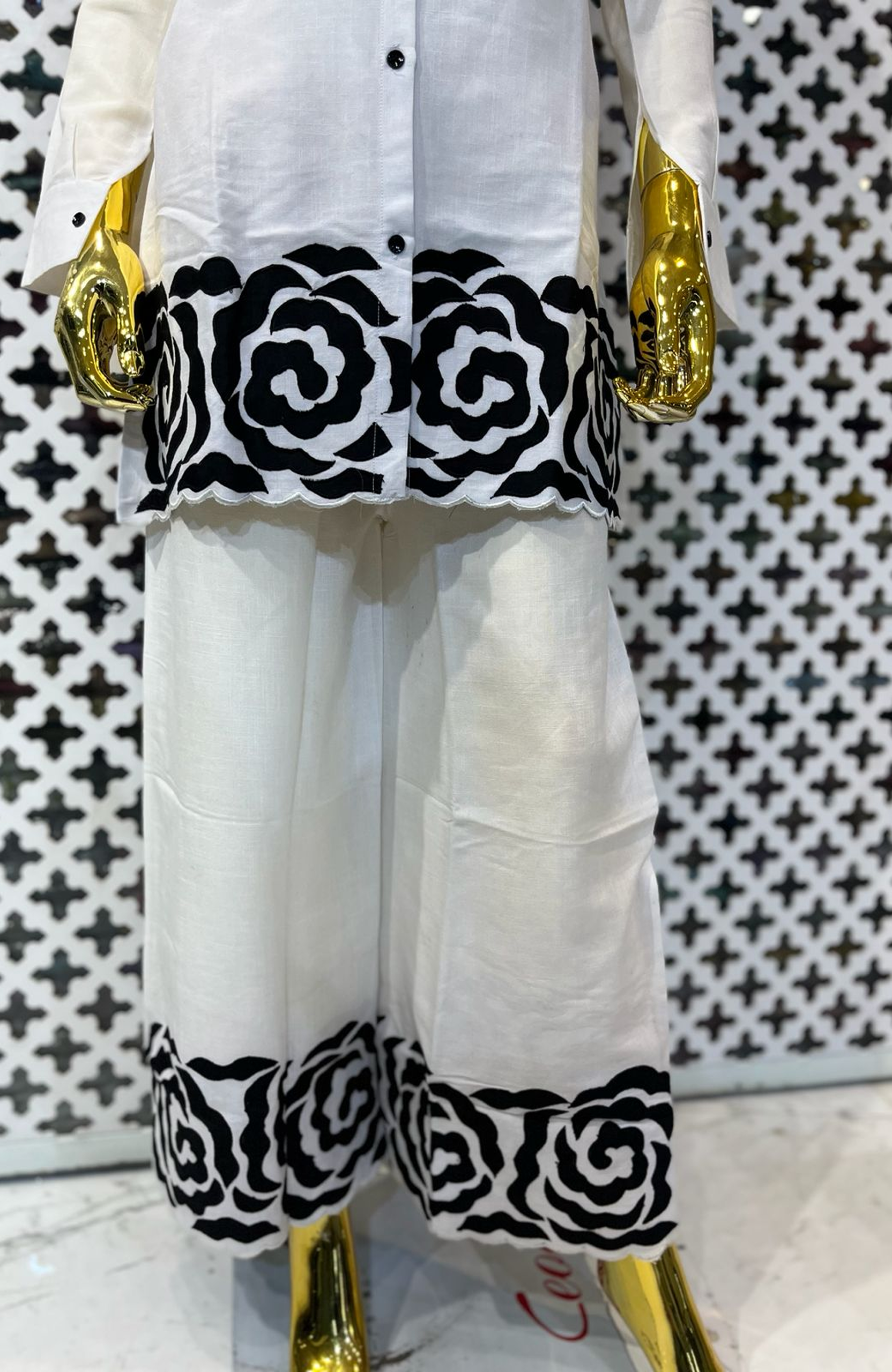 White Linen Cotton Co-Ord Set with Black Patch Work for Women | Designer Casual Cord Set