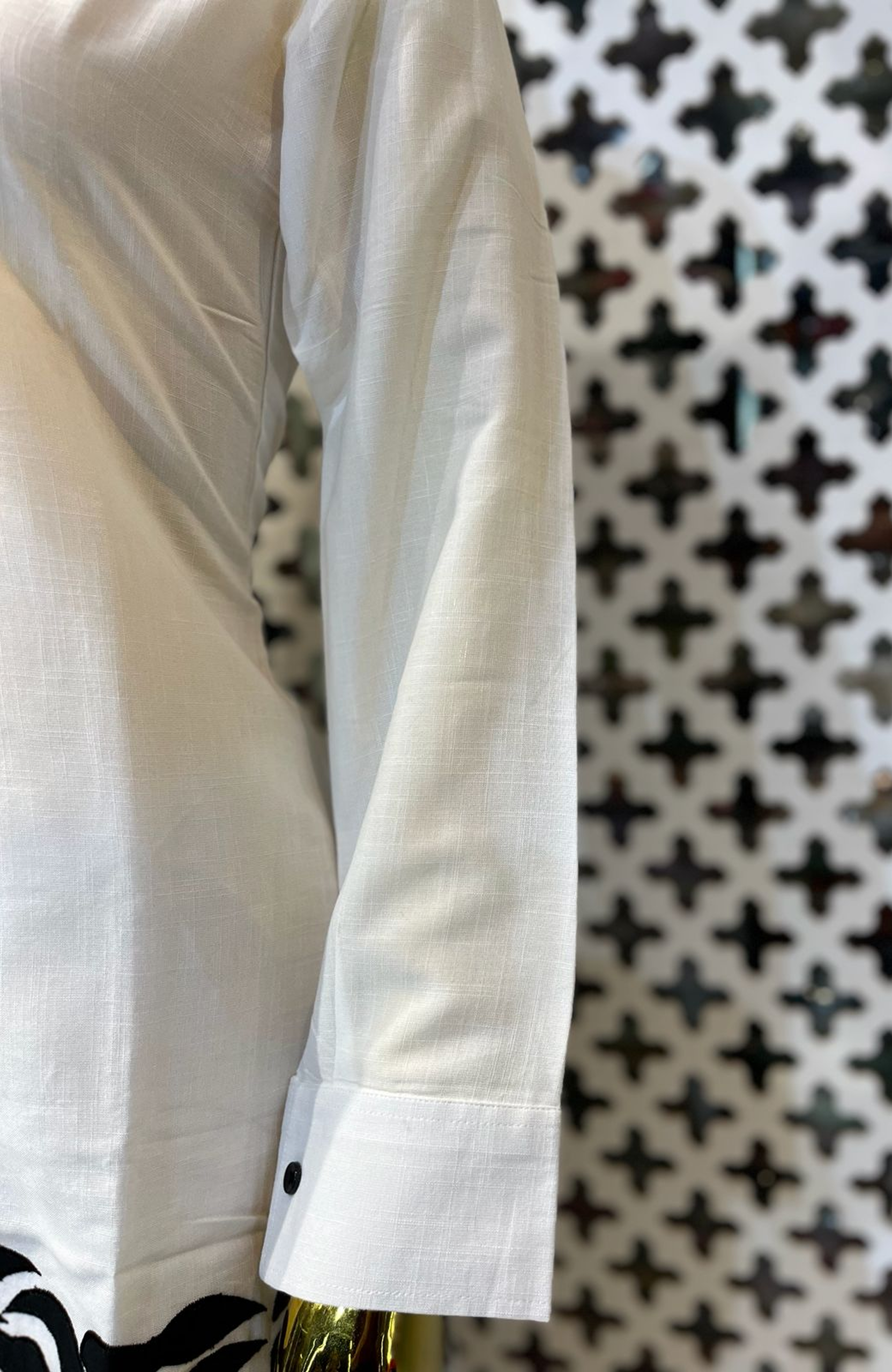 White Linen Cotton Co-Ord Set with Black Patch Work for Women | Designer Casual Cord Set