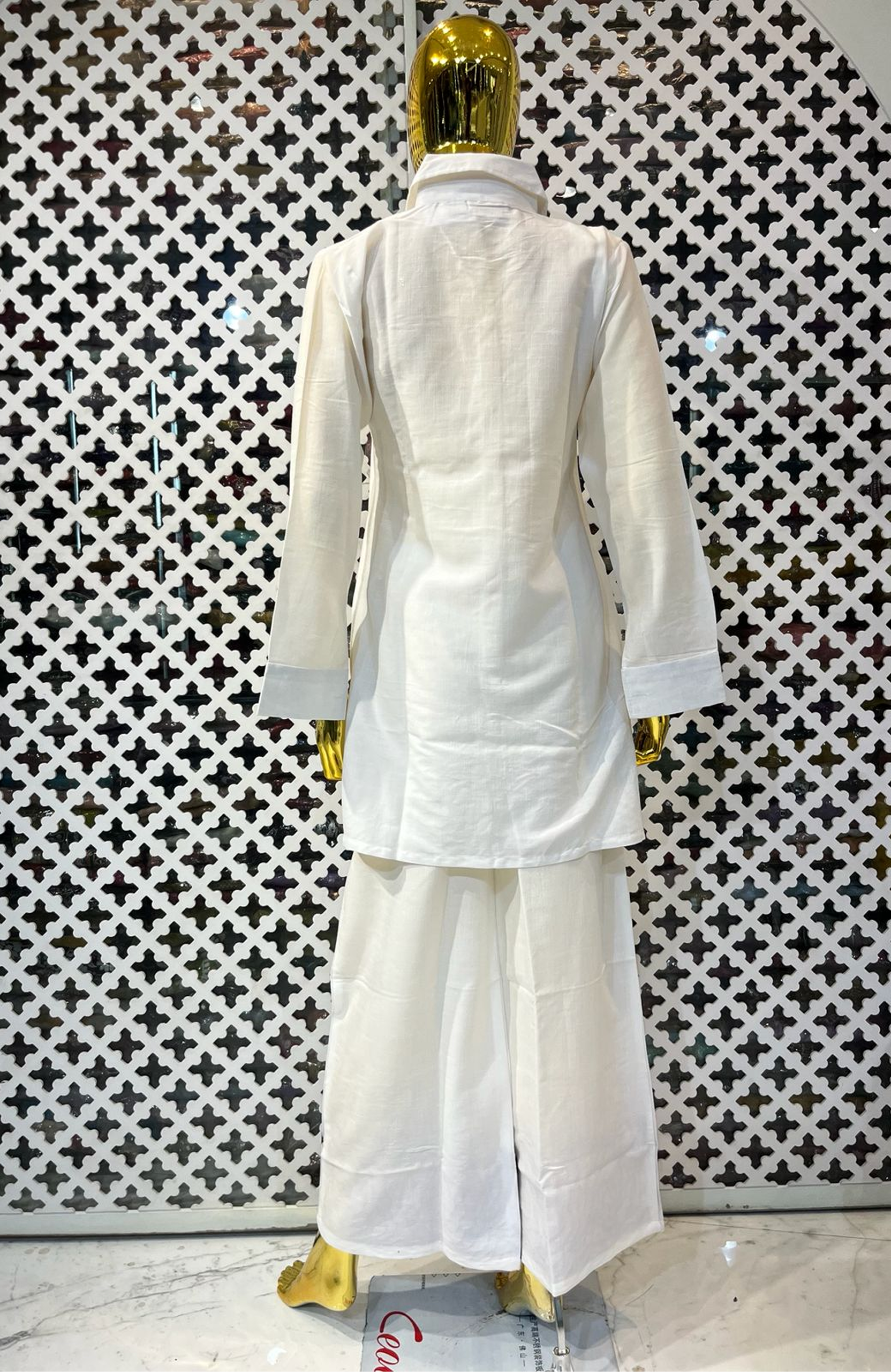 White Linen Cotton Co-Ord Set with Black Patch Work for Women | Designer Casual Cord Set