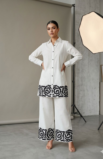 White Linen Cotton Co-Ord Set with Black Patch Work for Women | Designer Casual Cord Set