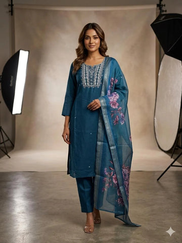 Blue Silk Handwork 3 Piece Kurti Pant Dupatta Set for Women | Designer Ethnic Wear
